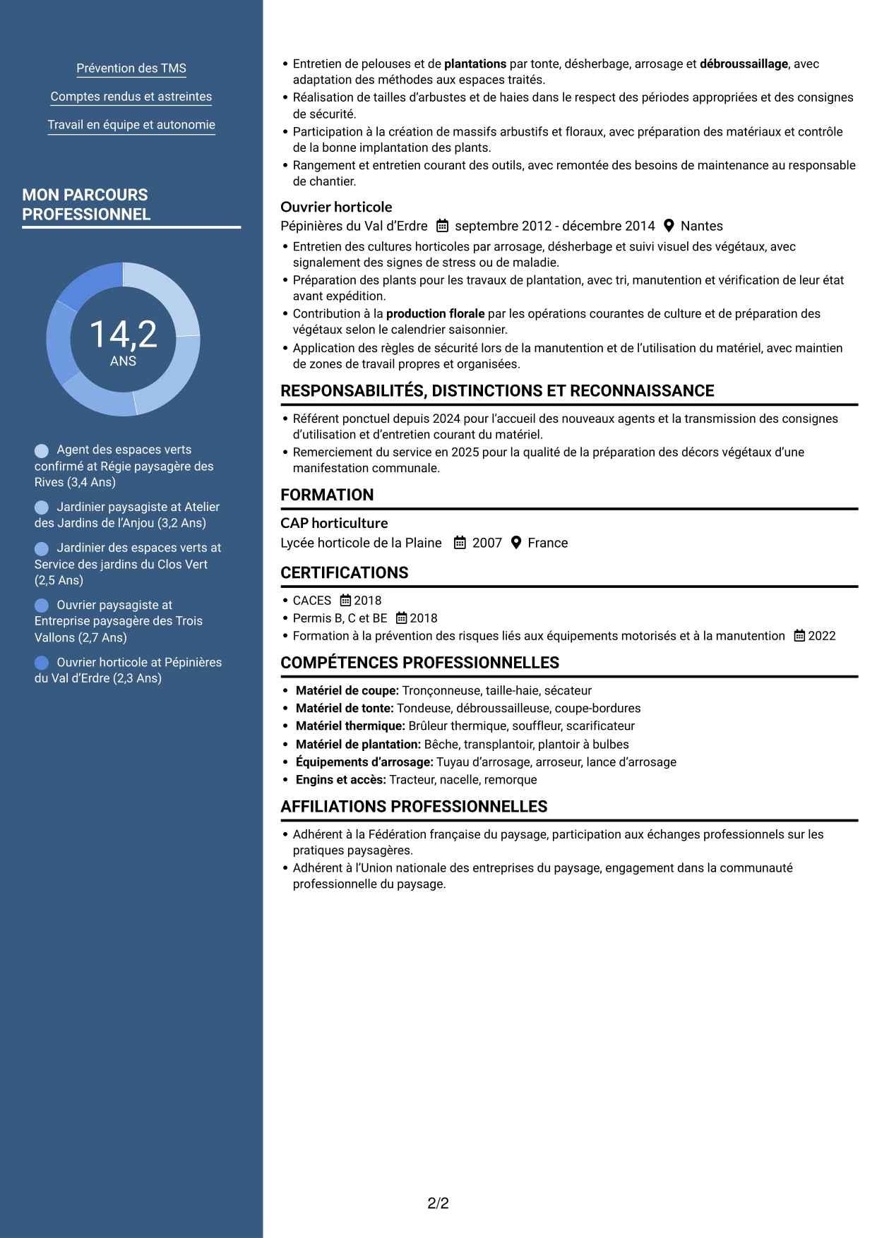 CV Signature (format à colonne latérale colorée avec grande photo) : Agent des espaces verts - Aménagement paysager et production florale, page 2