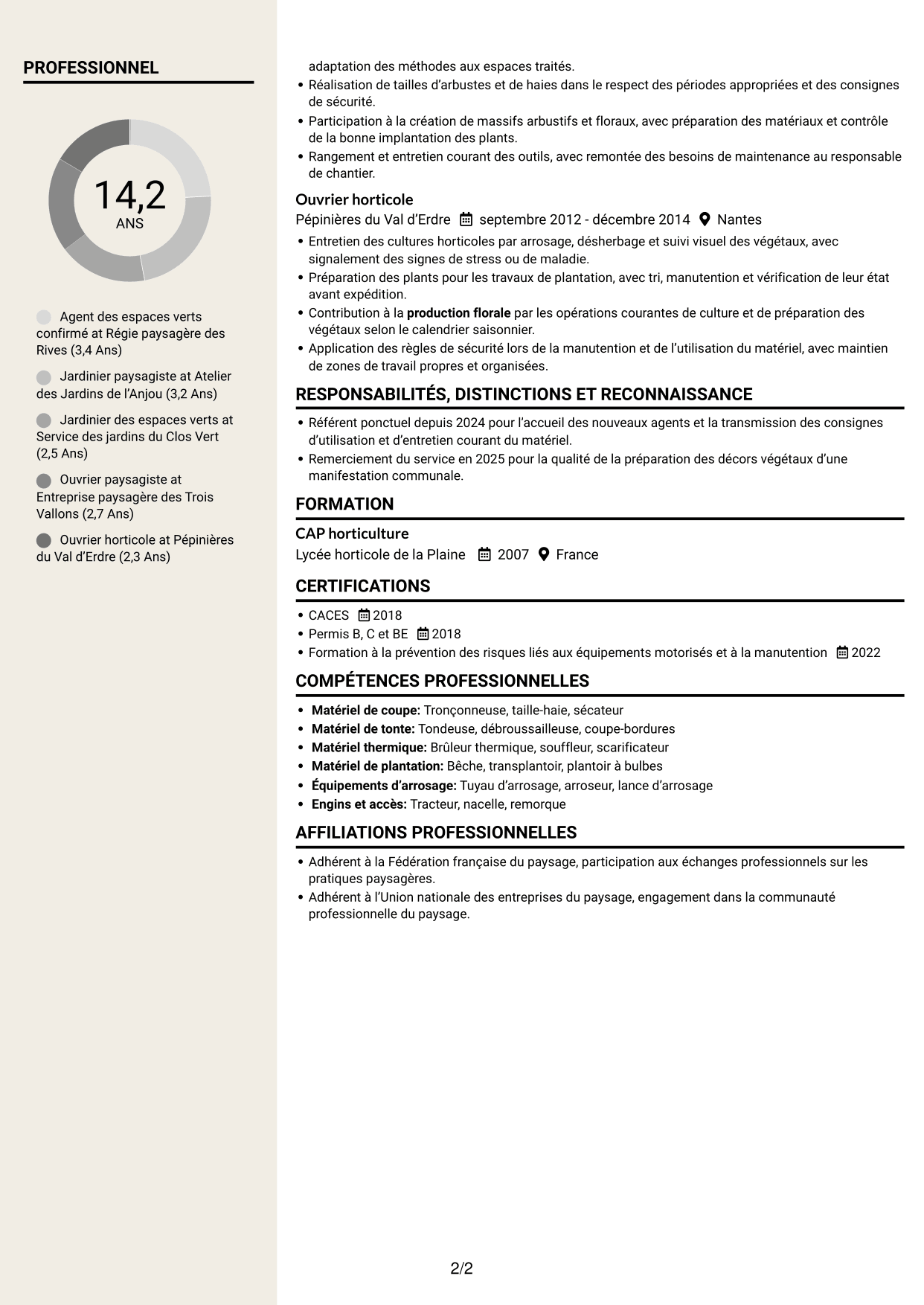 CV Fonceur (format à deux colonnes avec en-tête centré sans photo) : Agent des espaces verts - Aménagement paysager et production florale, page 2