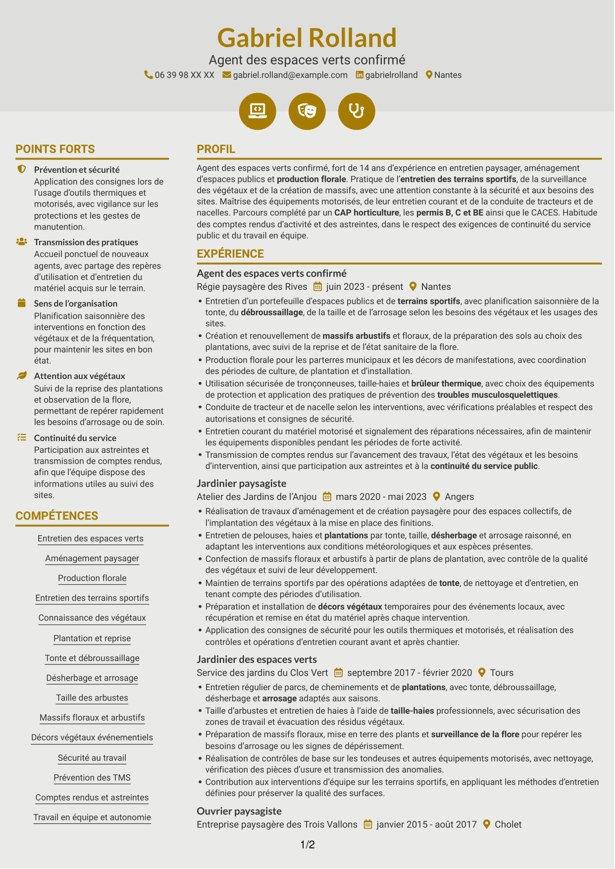 CV Dynamique (format à deux colonnes avec icônes) : Agent des espaces verts - Aménagement paysager et production florale, page 1