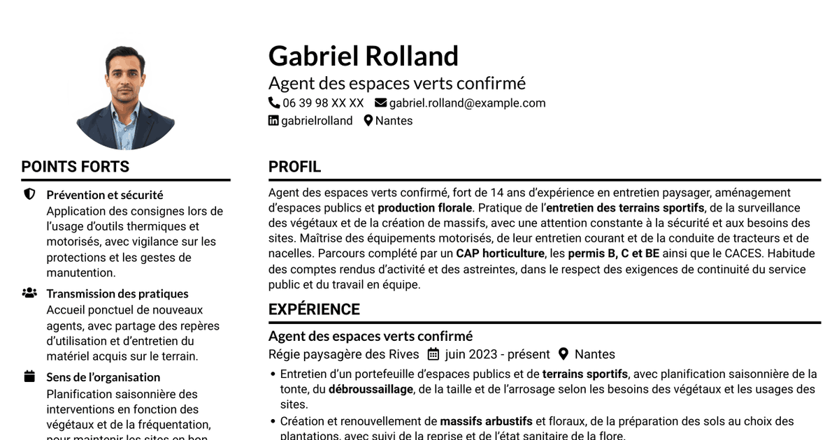 7 modèles de CV pour Agent des espaces verts - Aménagement paysager et production florale, avec exemples
