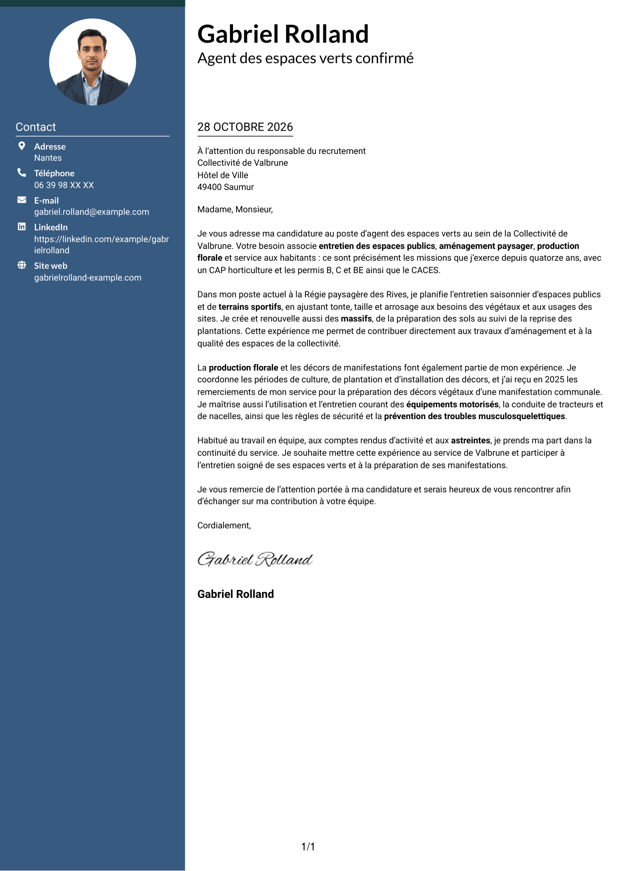 Lettre de motivation Élégant (format à colonne latérale colorée avec photo) : Agent des espaces verts - Aménagement paysager et production florale, page 1