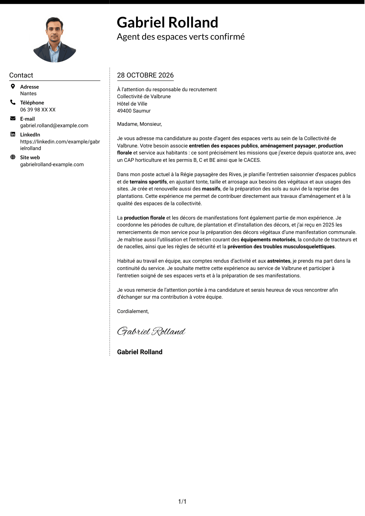 Lettre de motivation Moderne (format à deux colonnes avec photo à gauche et séparateur) : Agent des espaces verts - Aménagement paysager et production florale, page 1