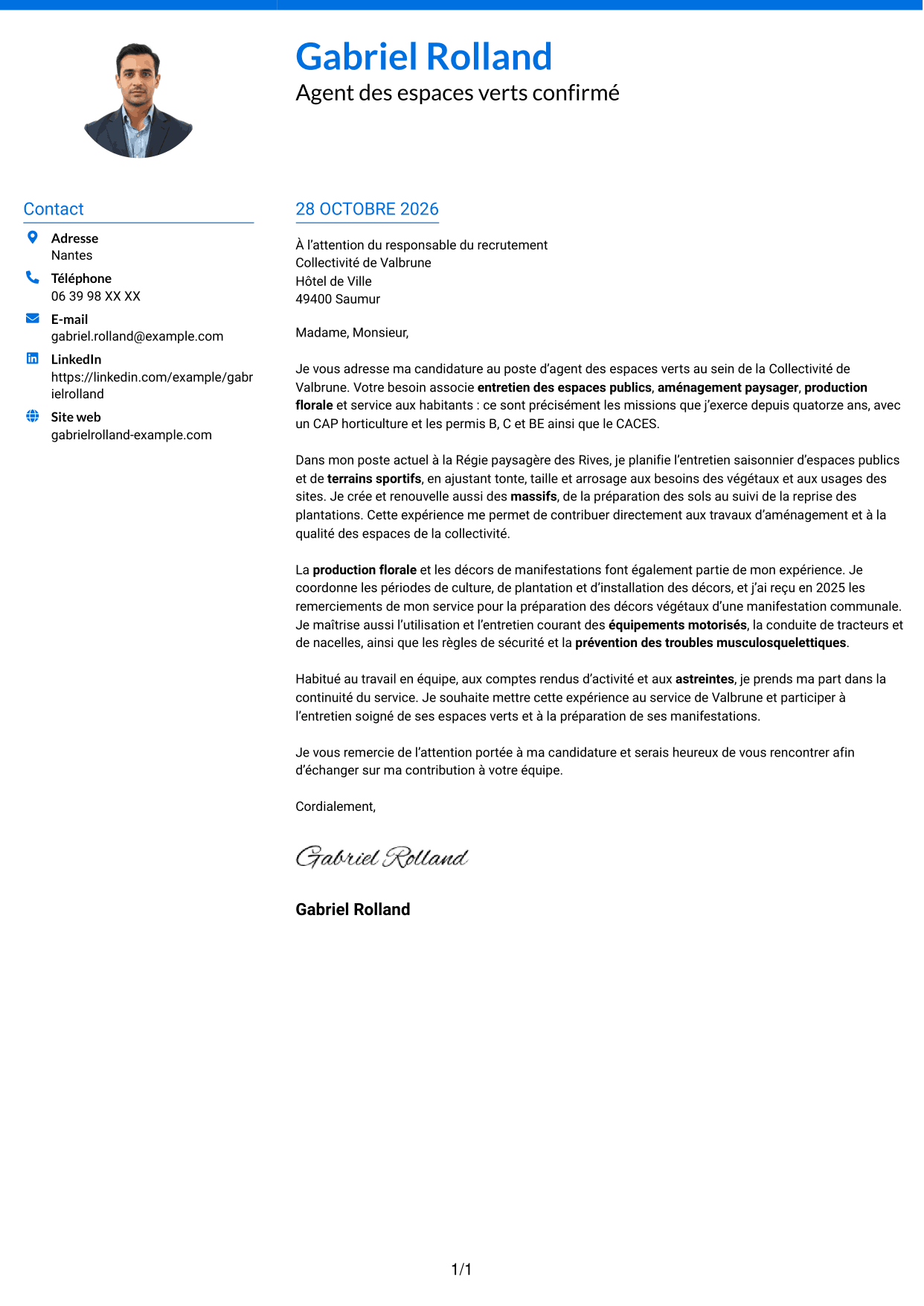 Lettre de motivation Audacieux (format à deux colonnes avec accents colorés et photo) : Agent des espaces verts - Aménagement paysager et production florale, page 1