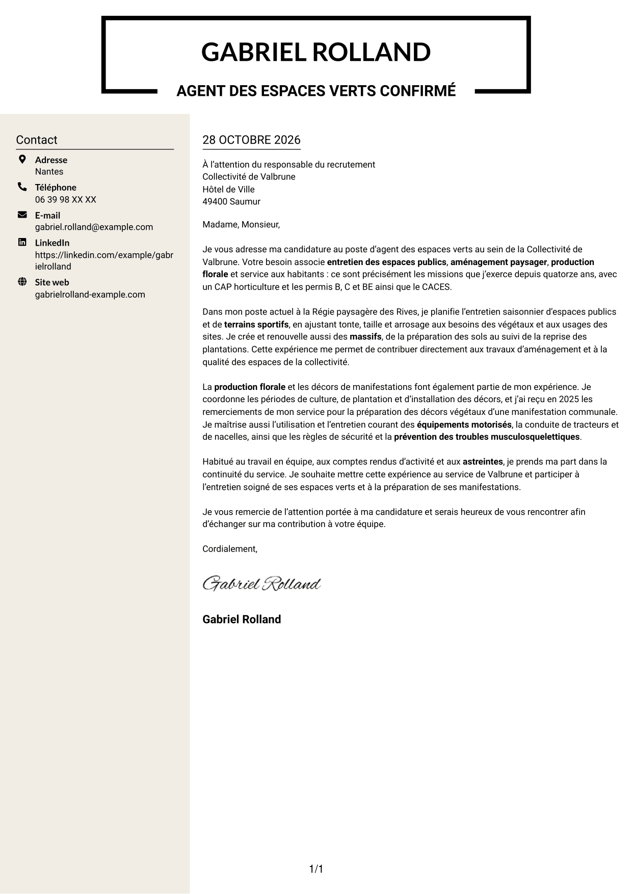 Lettre de motivation Fonceur (format à deux colonnes avec en-tête centré sans photo) : Agent des espaces verts - Aménagement paysager et production florale, page 1