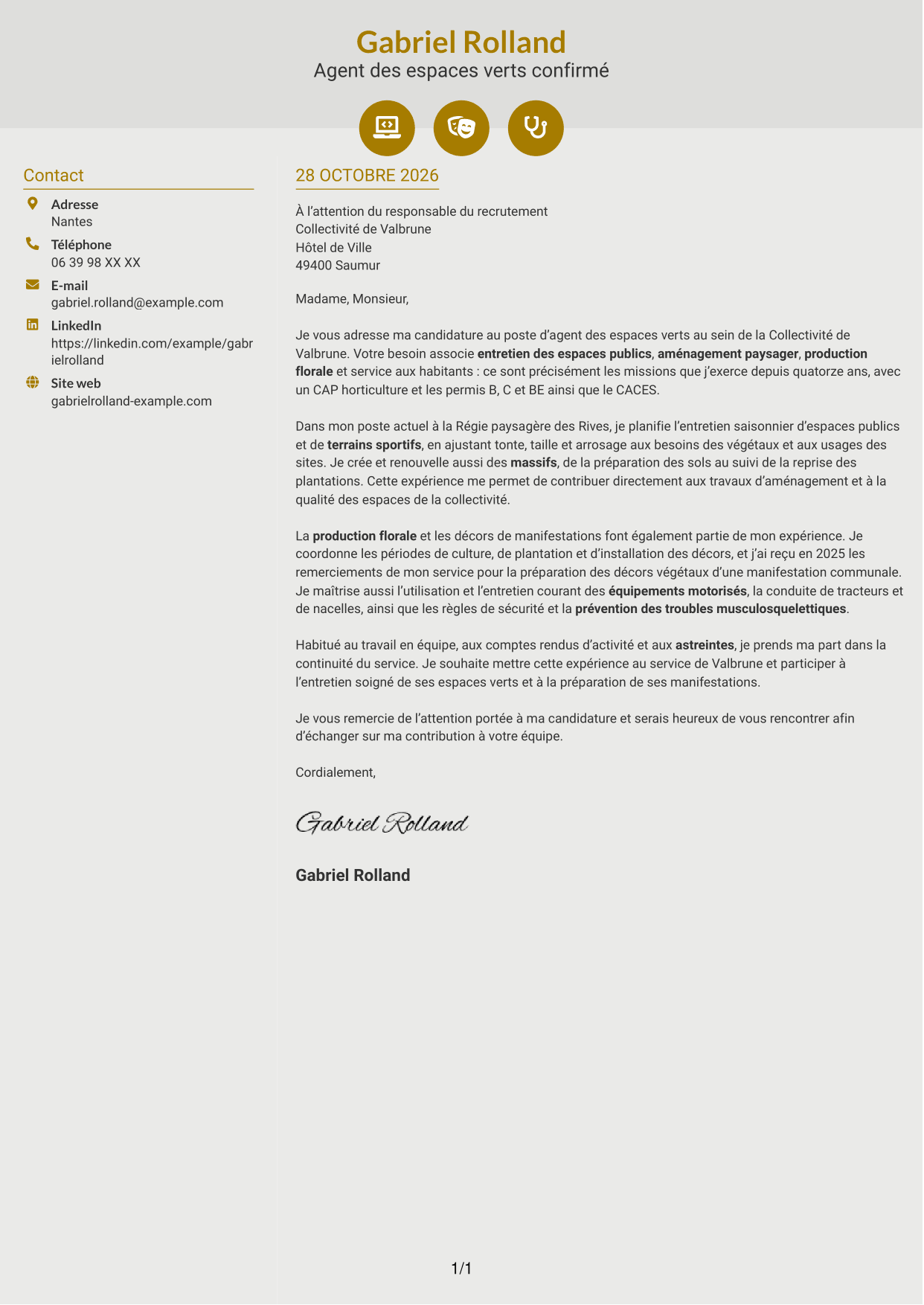 Lettre de motivation Dynamique (format à deux colonnes avec icônes) : Agent des espaces verts - Aménagement paysager et production florale, page 1