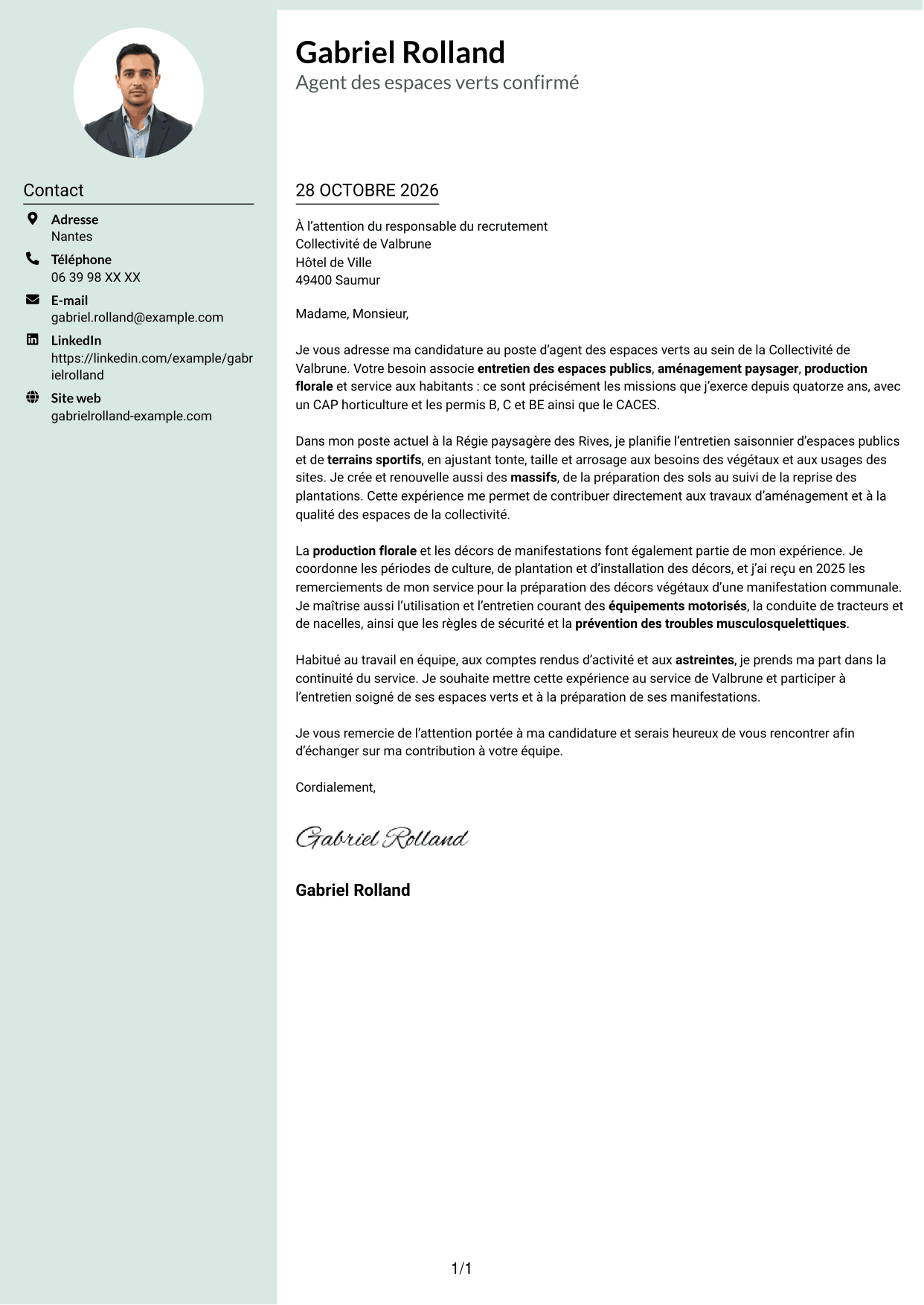 Lettre de motivation Cadre (format à colonne latérale douce avec photo arrondie) : Agent des espaces verts - Aménagement paysager et production florale, page 1