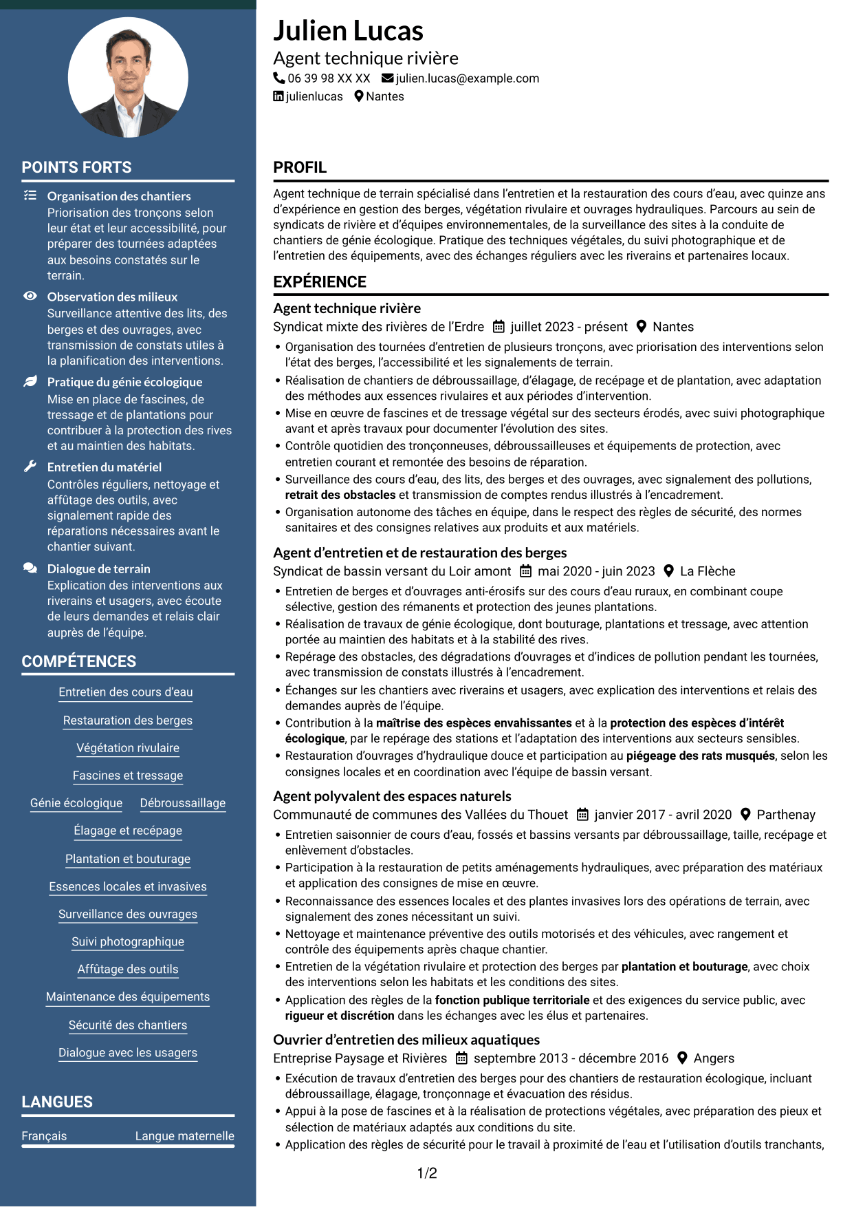 CV Élégant (format à colonne latérale colorée avec photo) : Agent des interventions techniques polyvalent - Entretien des cours d’eau, page 1