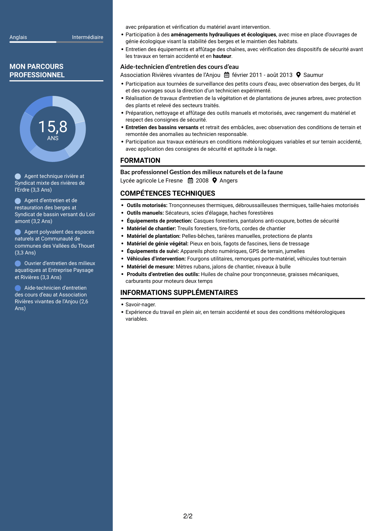 CV Élégant (format à colonne latérale colorée avec photo) : Agent des interventions techniques polyvalent - Entretien des cours d’eau, page 2