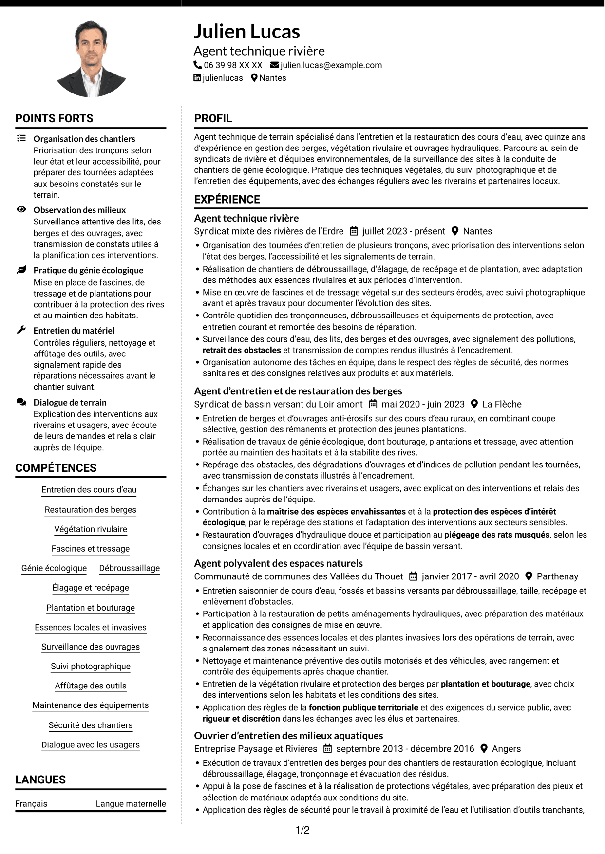 CV Moderne (format à deux colonnes avec photo à gauche et séparateur) : Agent des interventions techniques polyvalent - Entretien des cours d’eau, page 1