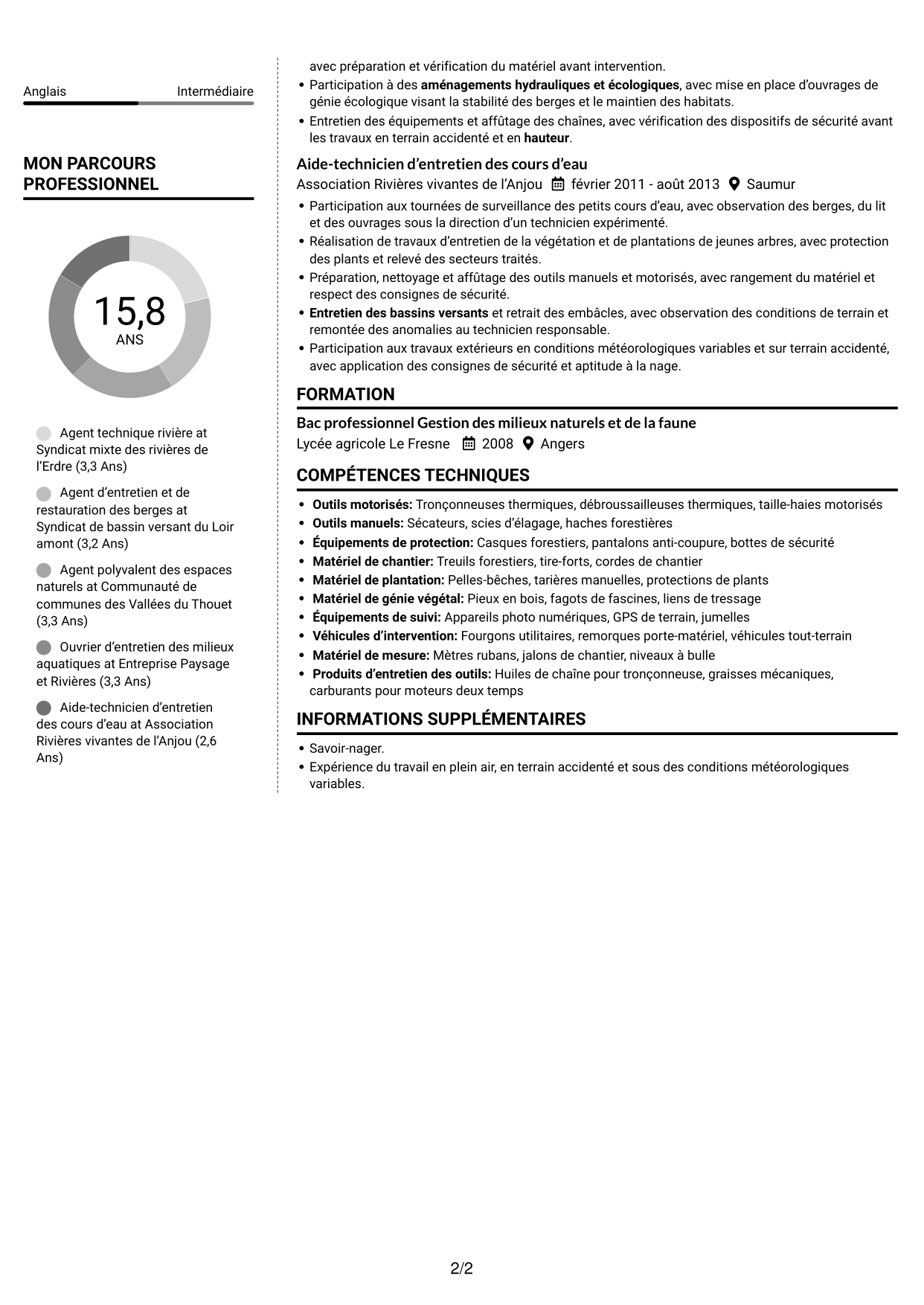 CV Moderne (format à deux colonnes avec photo à gauche et séparateur) : Agent des interventions techniques polyvalent - Entretien des cours d’eau, page 2