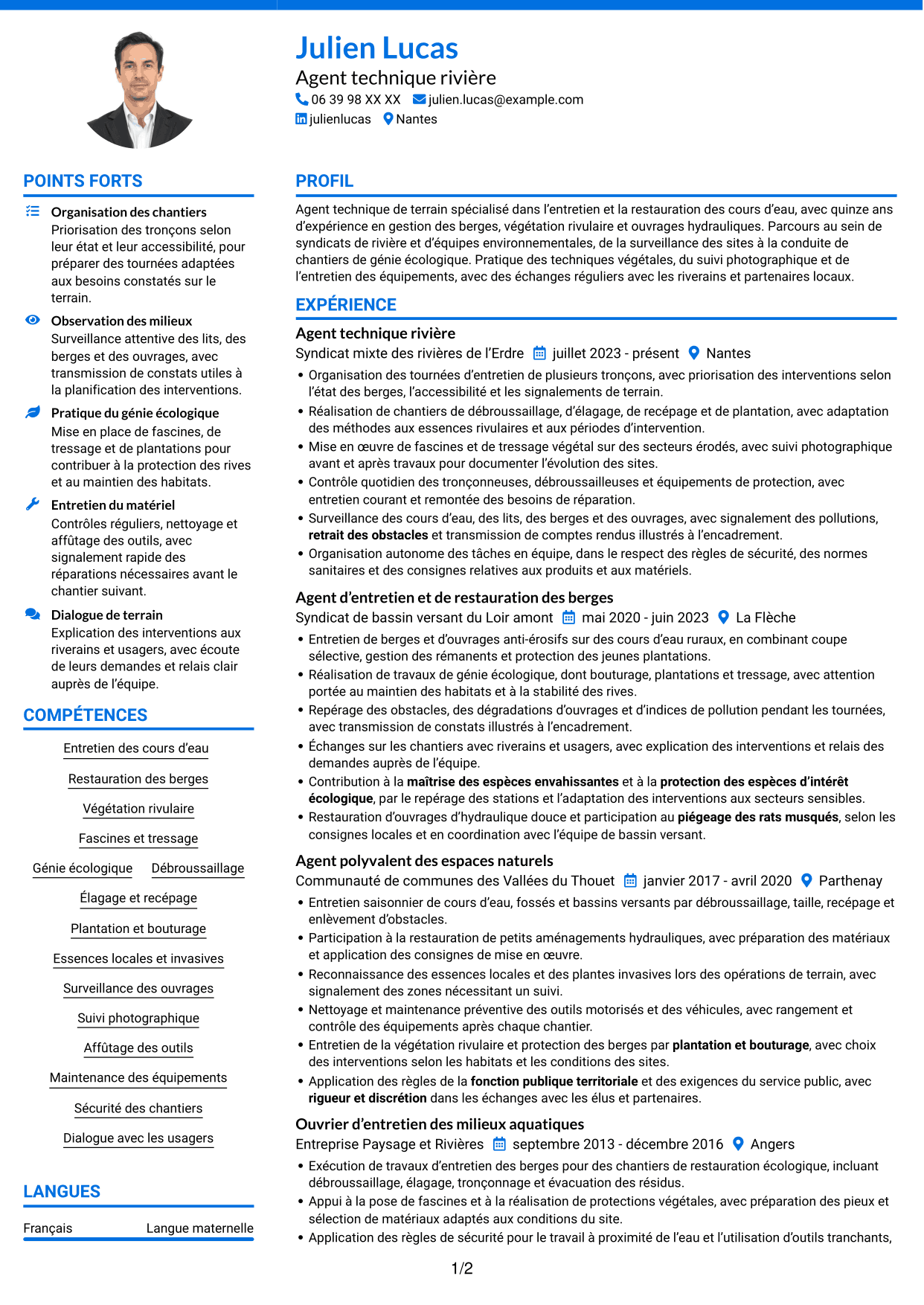 CV Audacieux (format à deux colonnes avec accents colorés et photo) : Agent des interventions techniques polyvalent - Entretien des cours d’eau, page 1