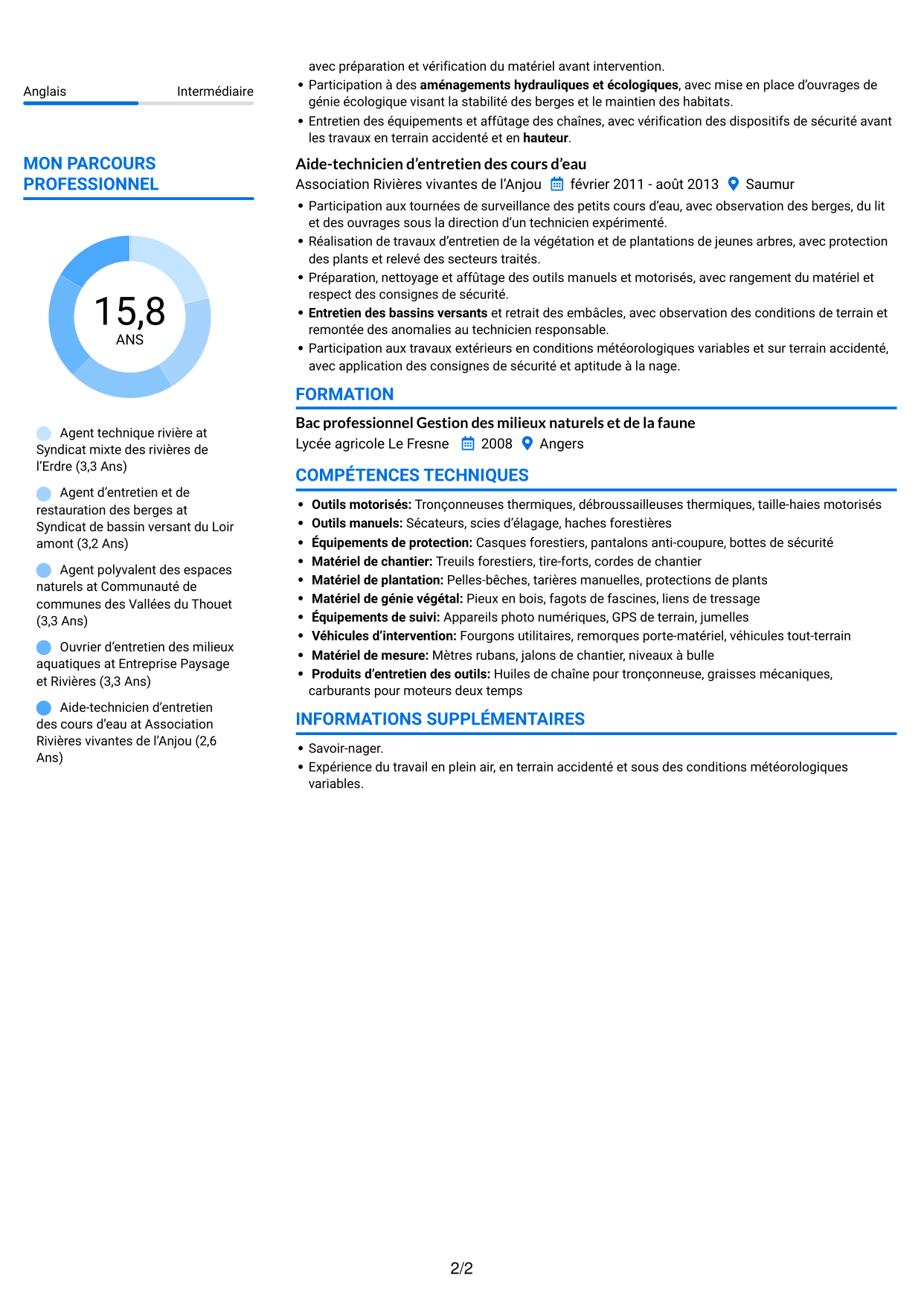 CV Audacieux (format à deux colonnes avec accents colorés et photo) : Agent des interventions techniques polyvalent - Entretien des cours d’eau, page 2
