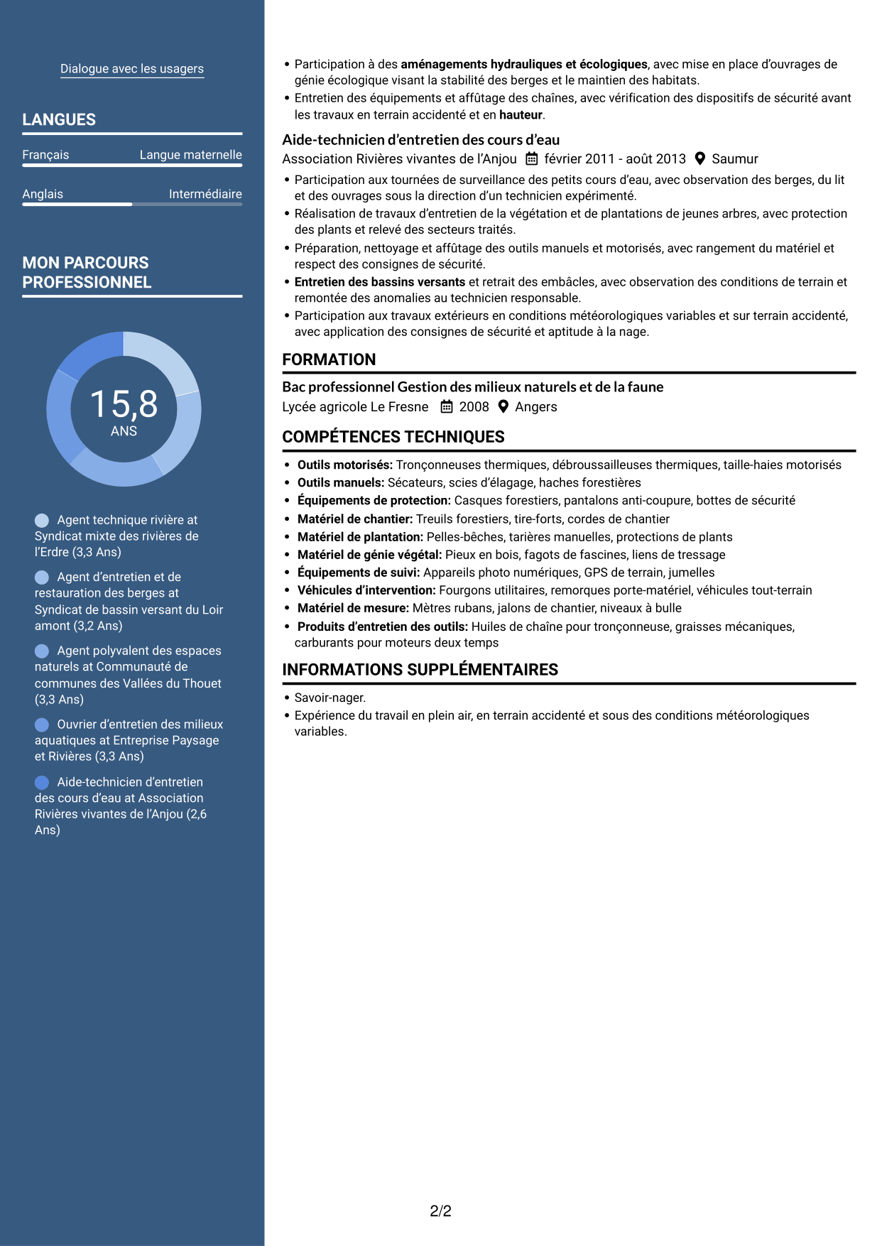 CV Signature (format à colonne latérale colorée avec grande photo) : Agent des interventions techniques polyvalent - Entretien des cours d’eau, page 2