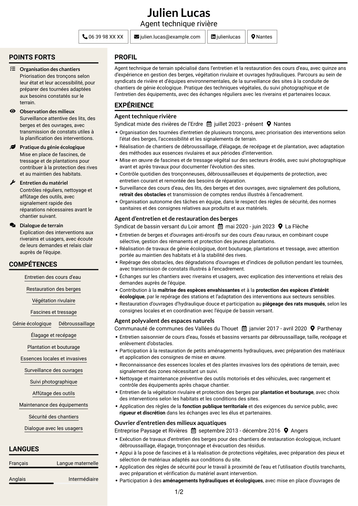 CV Fonceur (format à deux colonnes avec en-tête centré sans photo) : Agent des interventions techniques polyvalent - Entretien des cours d’eau, page 1