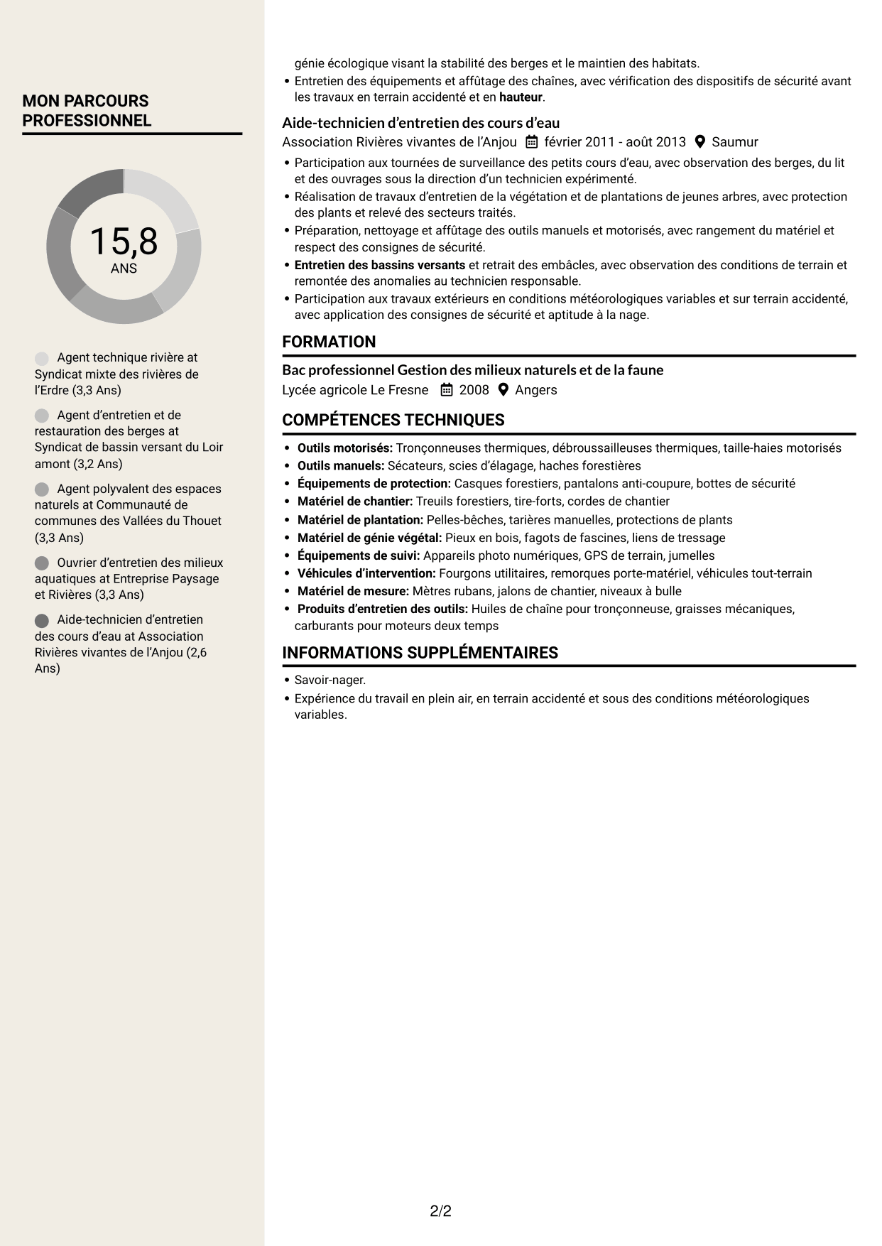 CV Fonceur (format à deux colonnes avec en-tête centré sans photo) : Agent des interventions techniques polyvalent - Entretien des cours d’eau, page 2