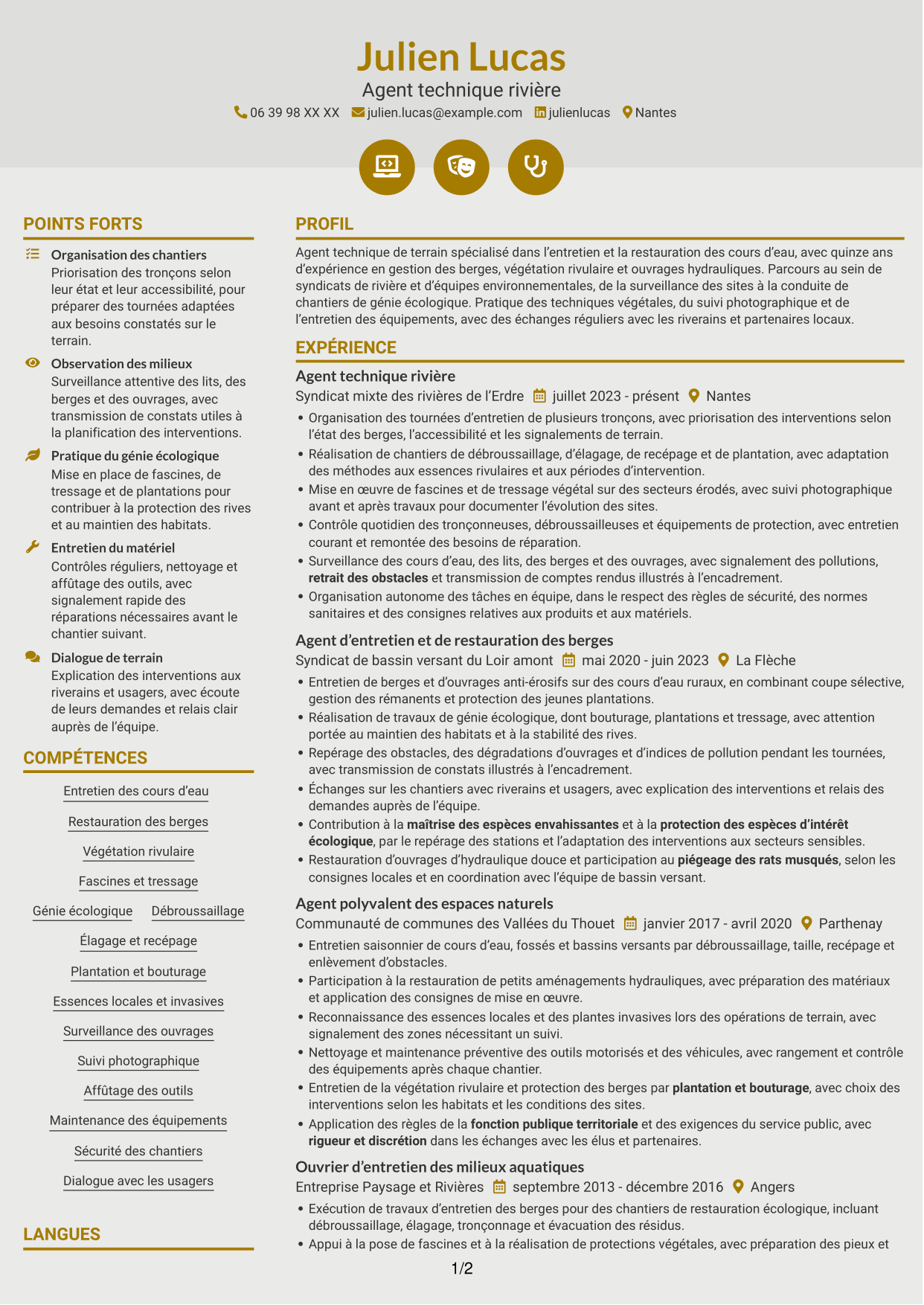 CV Dynamique (format à deux colonnes avec icônes) : Agent des interventions techniques polyvalent - Entretien des cours d’eau, page 1