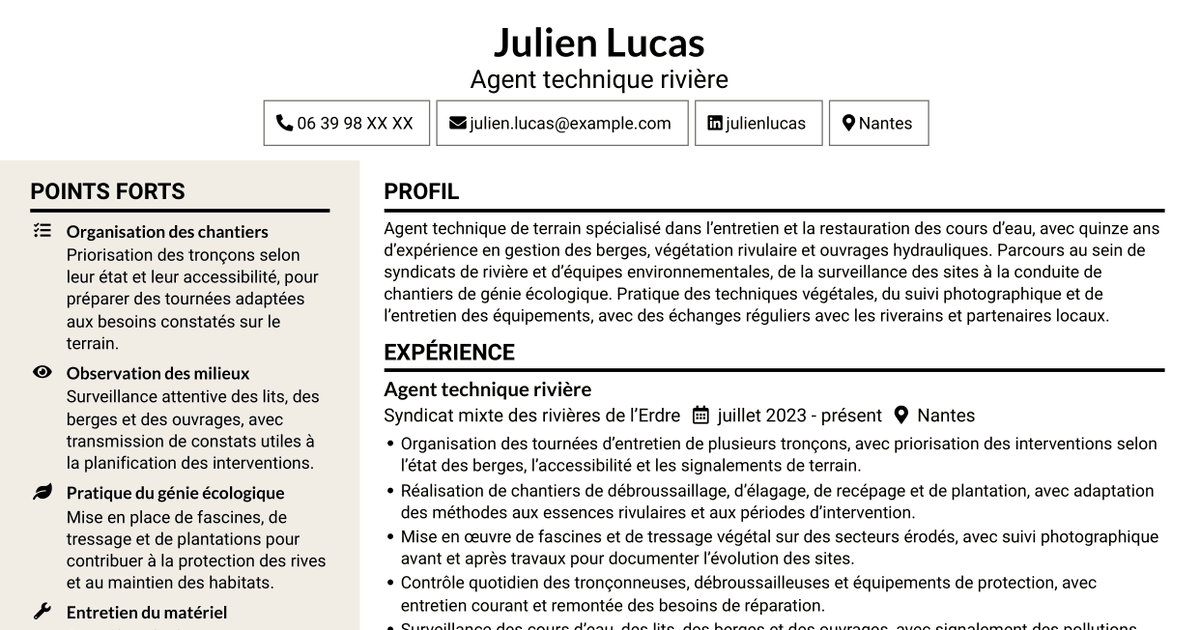 7 modèles de CV pour Agent des interventions techniques polyvalent - Entretien des cours d’eau, avec exemples