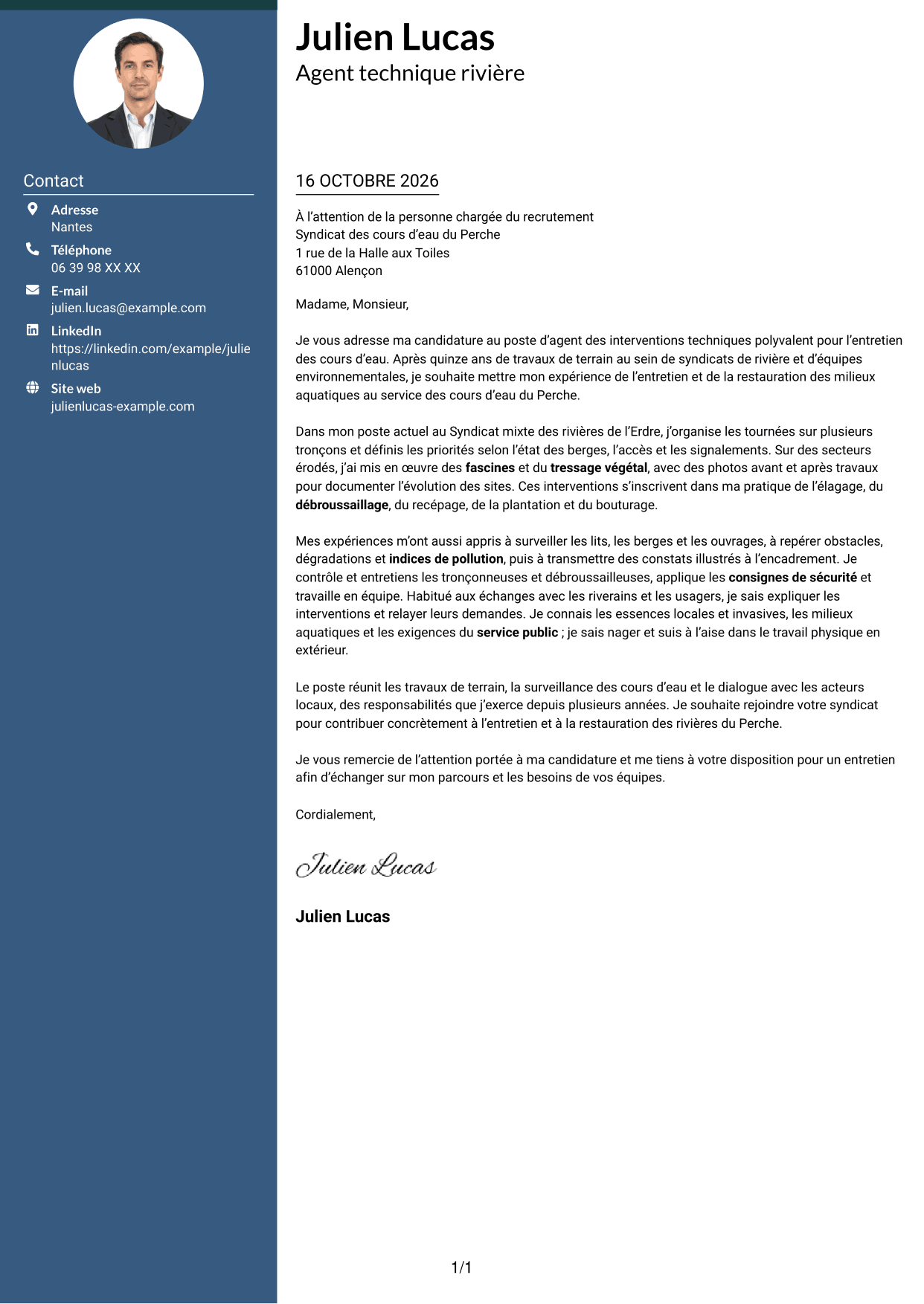 Lettre de motivation Élégant (format à colonne latérale colorée avec photo) : Agent des interventions techniques polyvalent - Entretien des cours d’eau, page 1