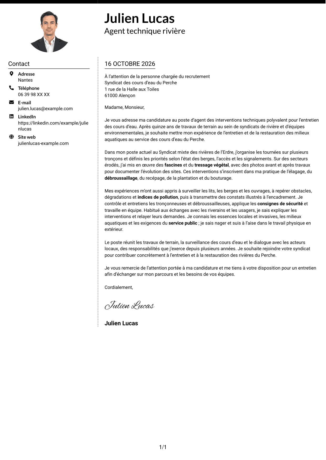 Lettre de motivation Moderne (format à deux colonnes avec photo à gauche et séparateur) : Agent des interventions techniques polyvalent - Entretien des cours d’eau, page 1