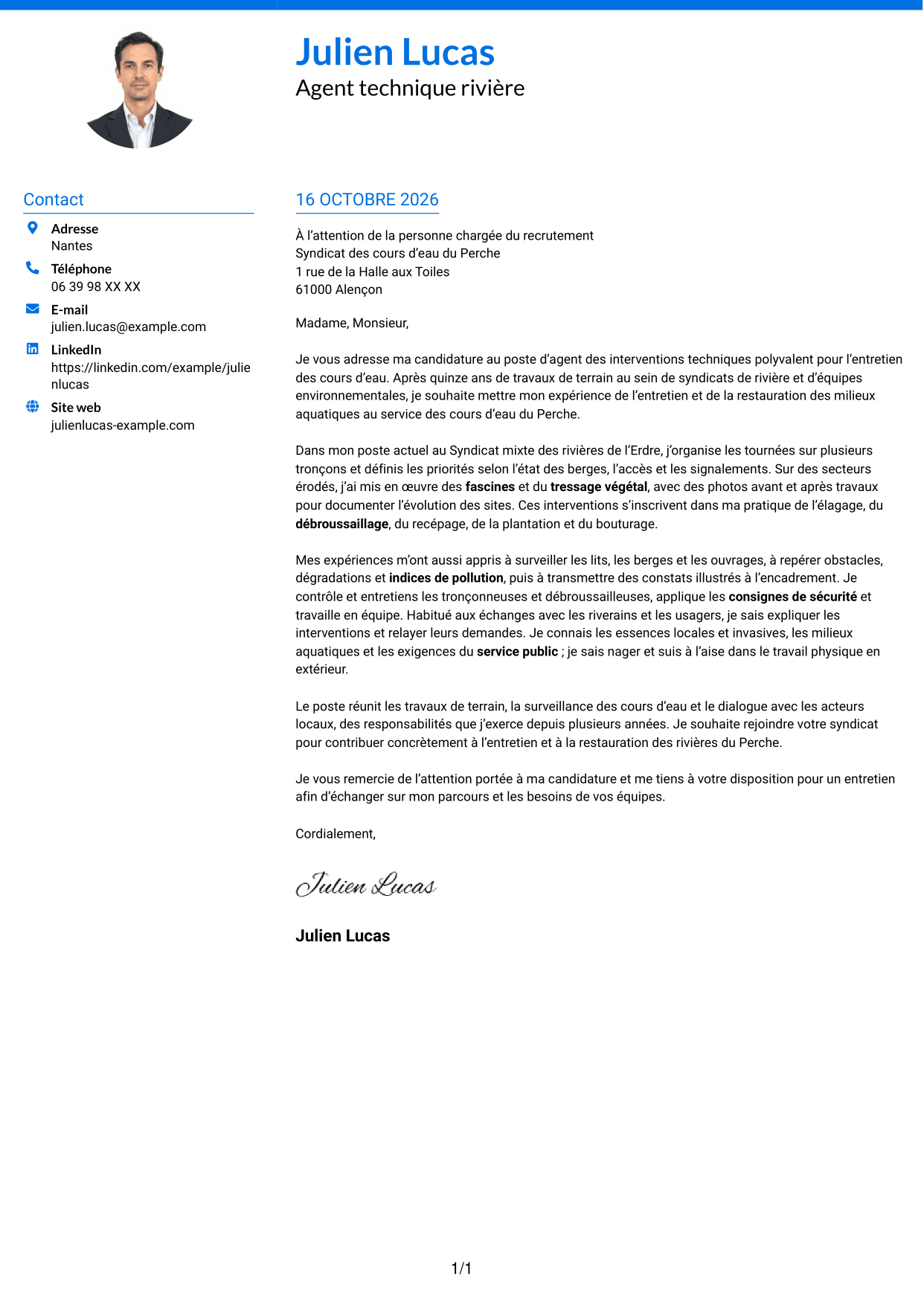 Lettre de motivation Audacieux (format à deux colonnes avec accents colorés et photo) : Agent des interventions techniques polyvalent - Entretien des cours d’eau, page 1