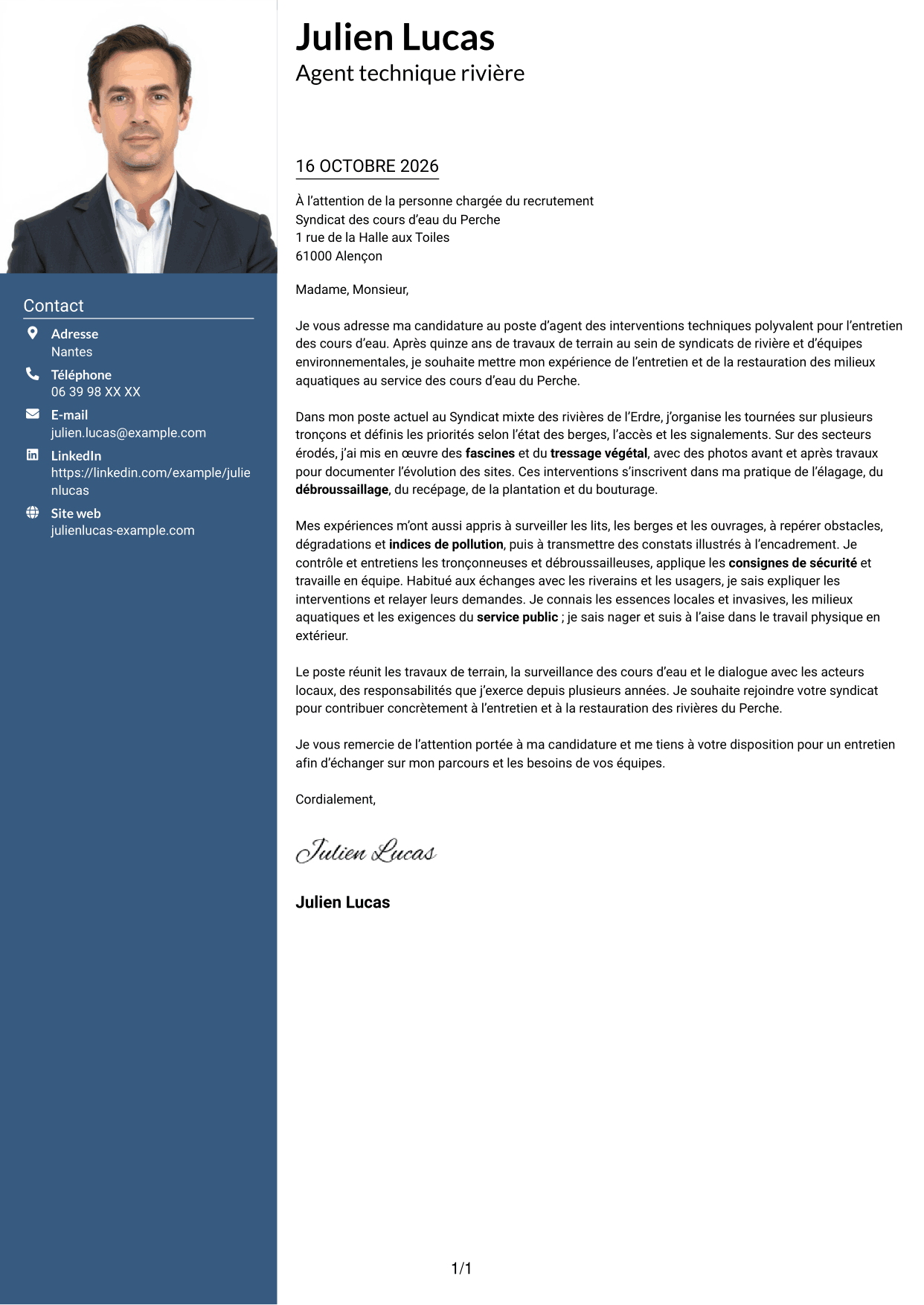 Lettre de motivation Signature (format à colonne latérale colorée avec grande photo) : Agent des interventions techniques polyvalent - Entretien des cours d’eau, page 1
