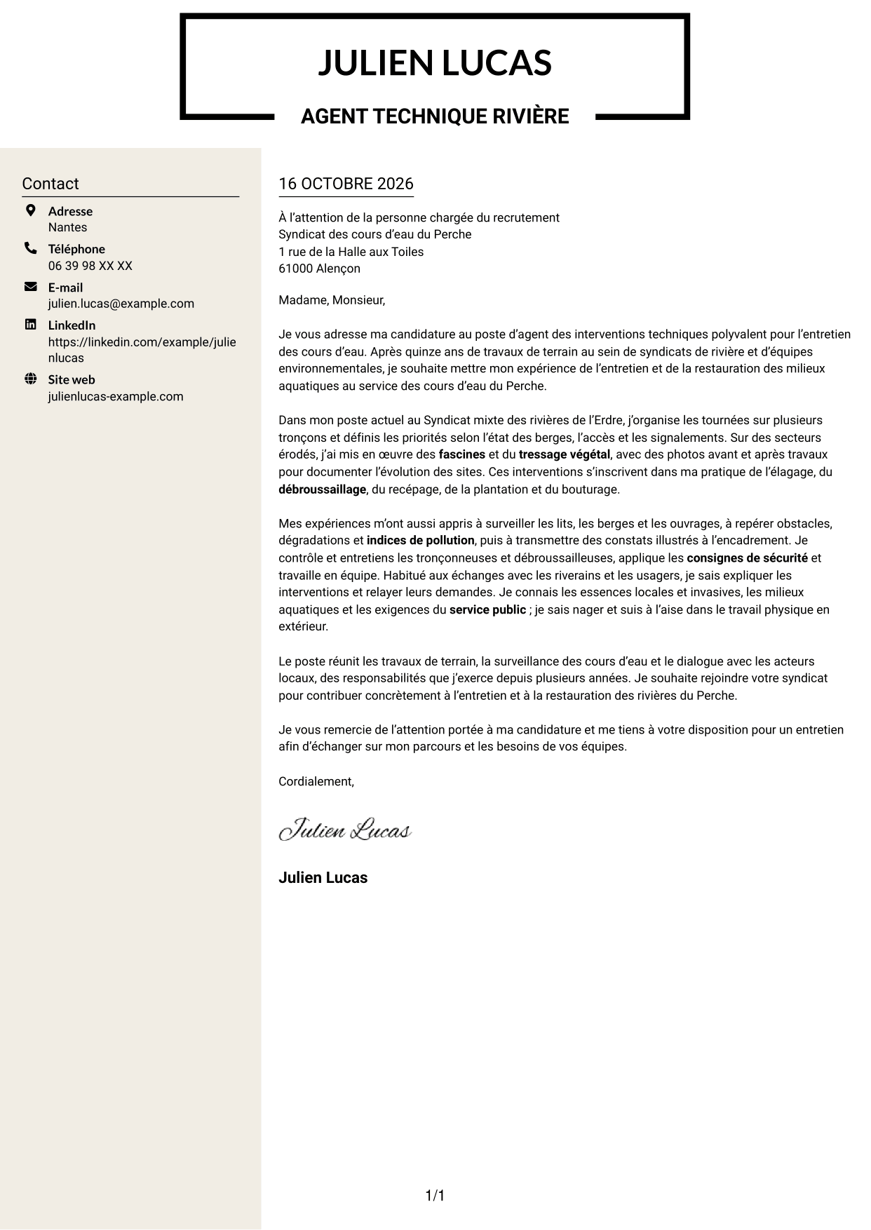 Lettre de motivation Fonceur (format à deux colonnes avec en-tête centré sans photo) : Agent des interventions techniques polyvalent - Entretien des cours d’eau, page 1