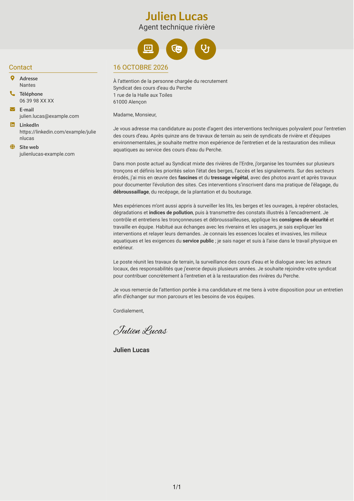 Lettre de motivation Dynamique (format à deux colonnes avec icônes) : Agent des interventions techniques polyvalent - Entretien des cours d’eau, page 1