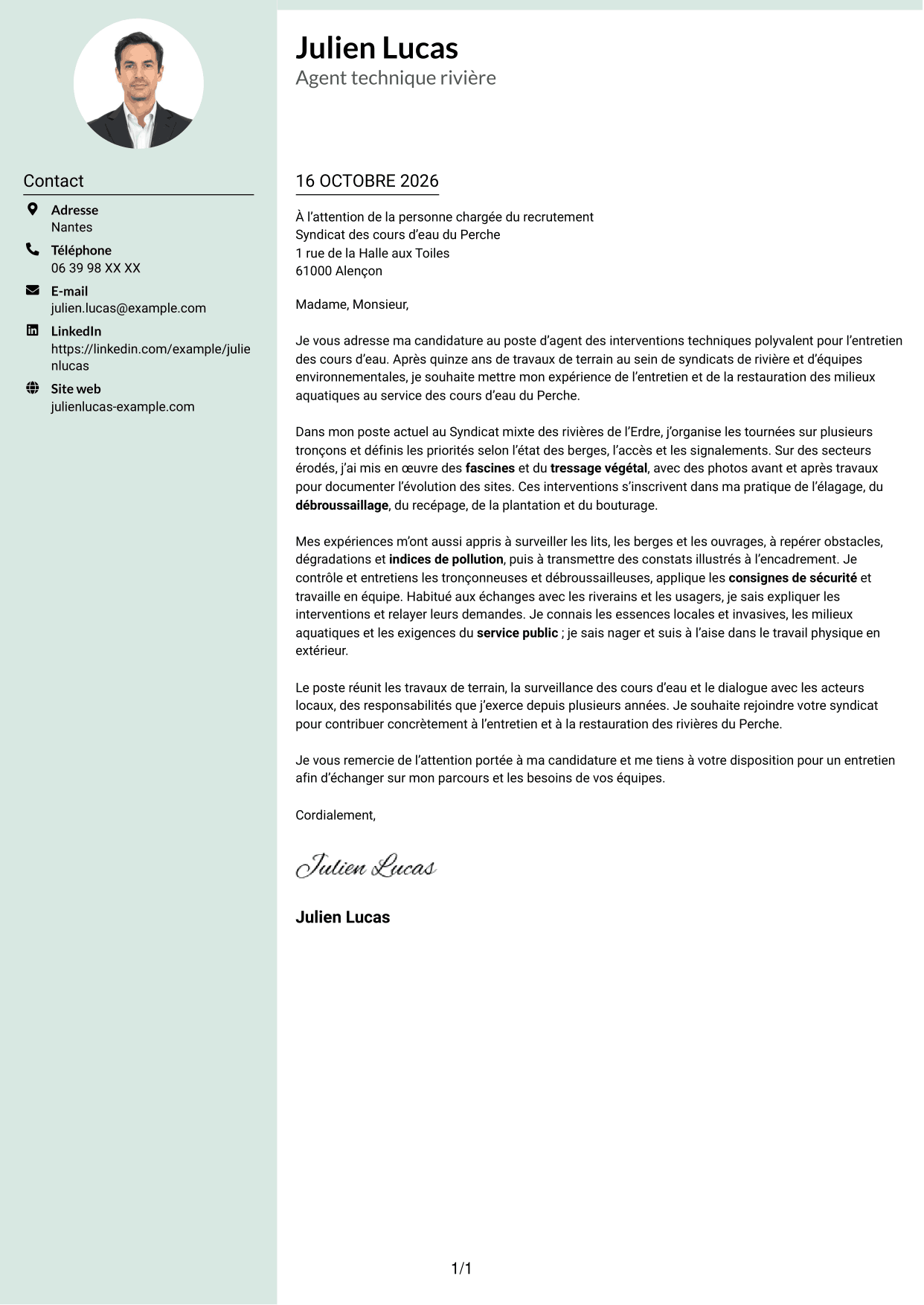 Lettre de motivation Cadre (format à colonne latérale douce avec photo arrondie) : Agent des interventions techniques polyvalent - Entretien des cours d’eau, page 1