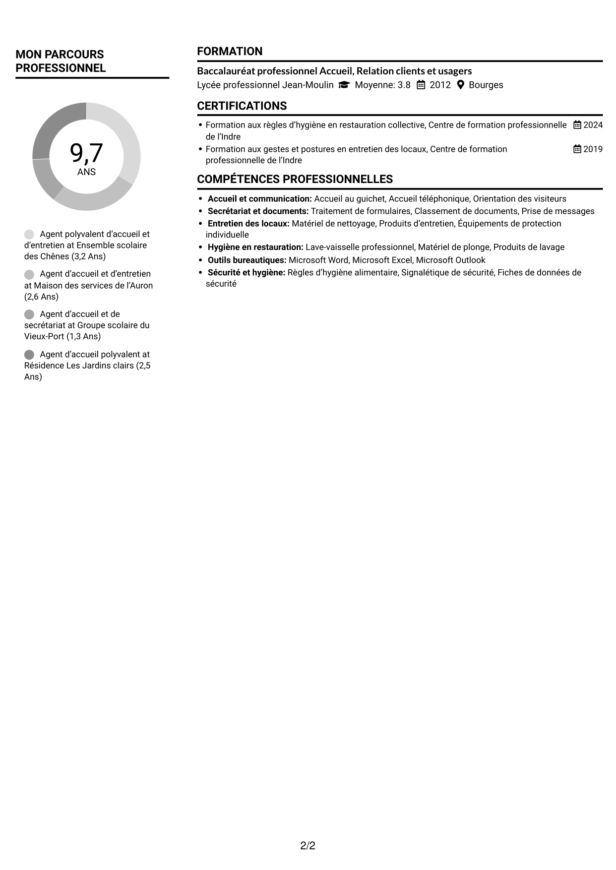 CV Compact (format sobre à deux colonnes avec photo) : Agent polyvalent d’accueil et d’entretien - Accueil en collège, page 2