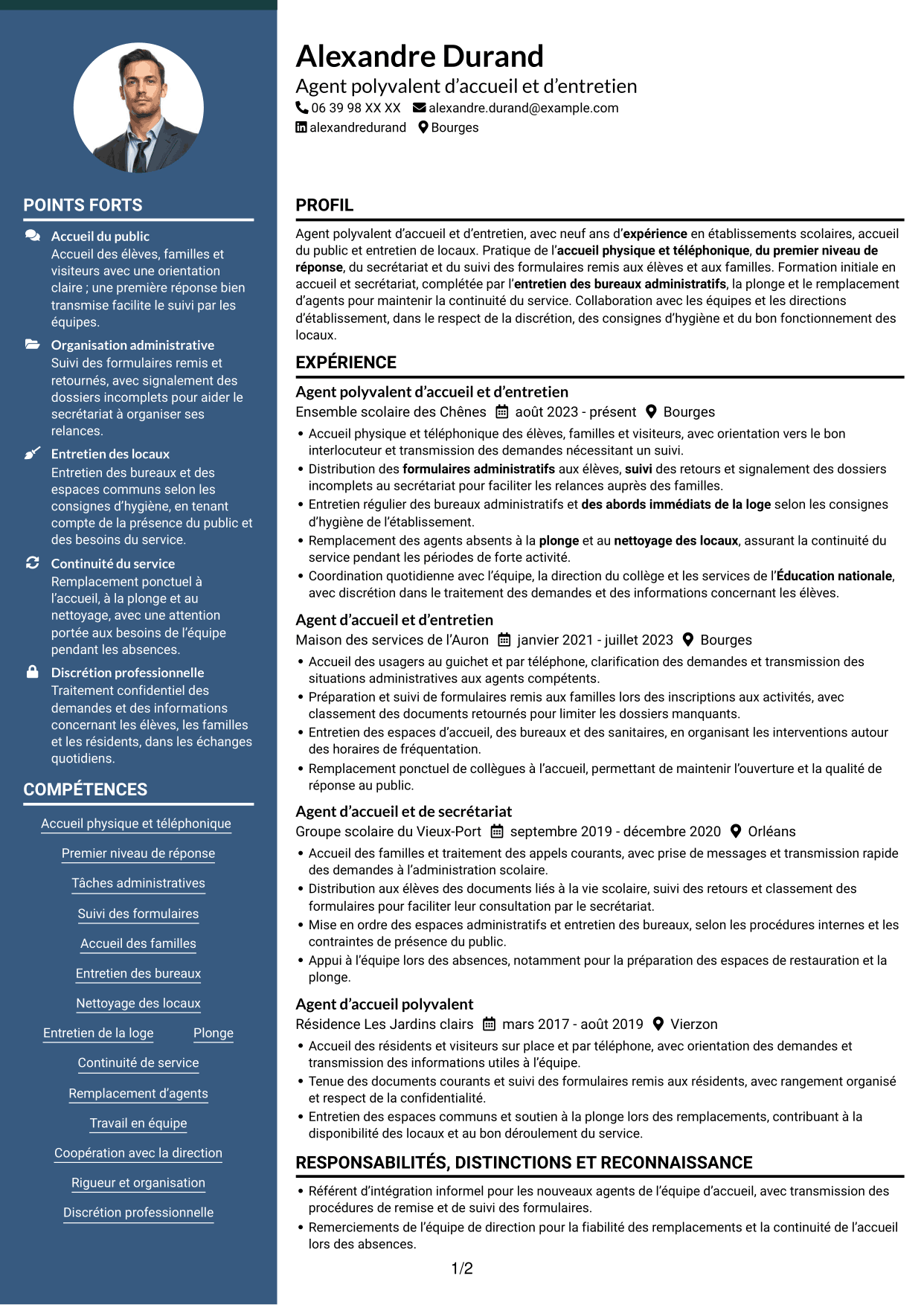 CV Élégant (format à colonne latérale colorée avec photo) : Agent polyvalent d’accueil et d’entretien - Accueil en collège, page 1