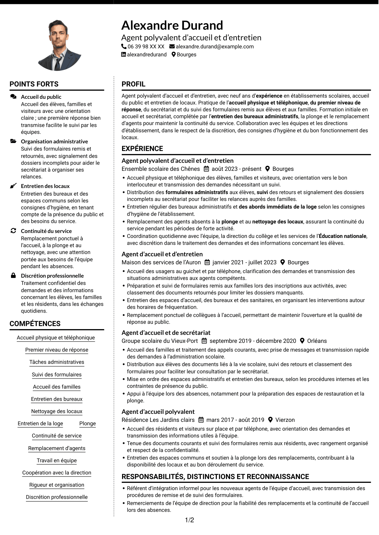 CV Moderne (format à deux colonnes avec photo à gauche et séparateur) : Agent polyvalent d’accueil et d’entretien - Accueil en collège, page 1