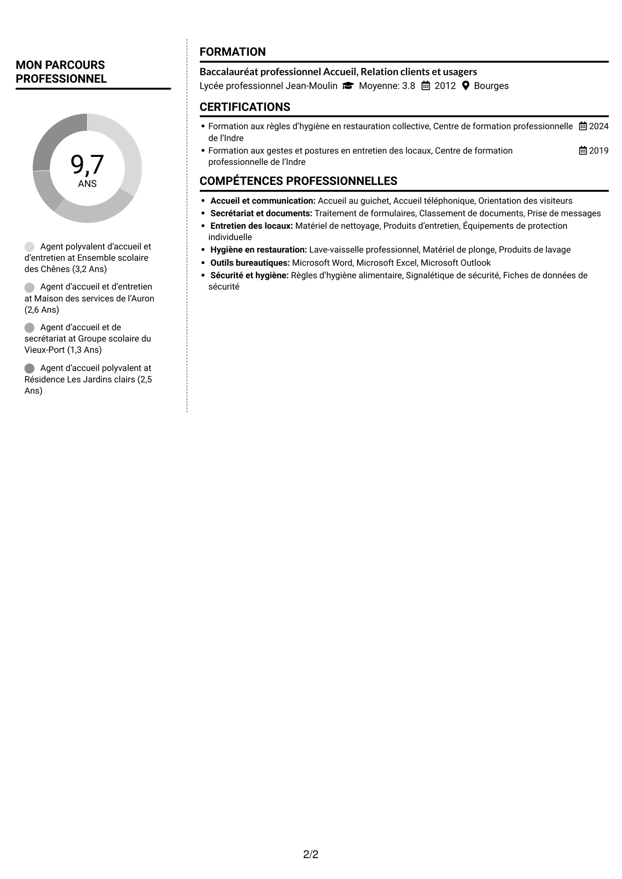 CV Moderne (format à deux colonnes avec photo à gauche et séparateur) : Agent polyvalent d’accueil et d’entretien - Accueil en collège, page 2