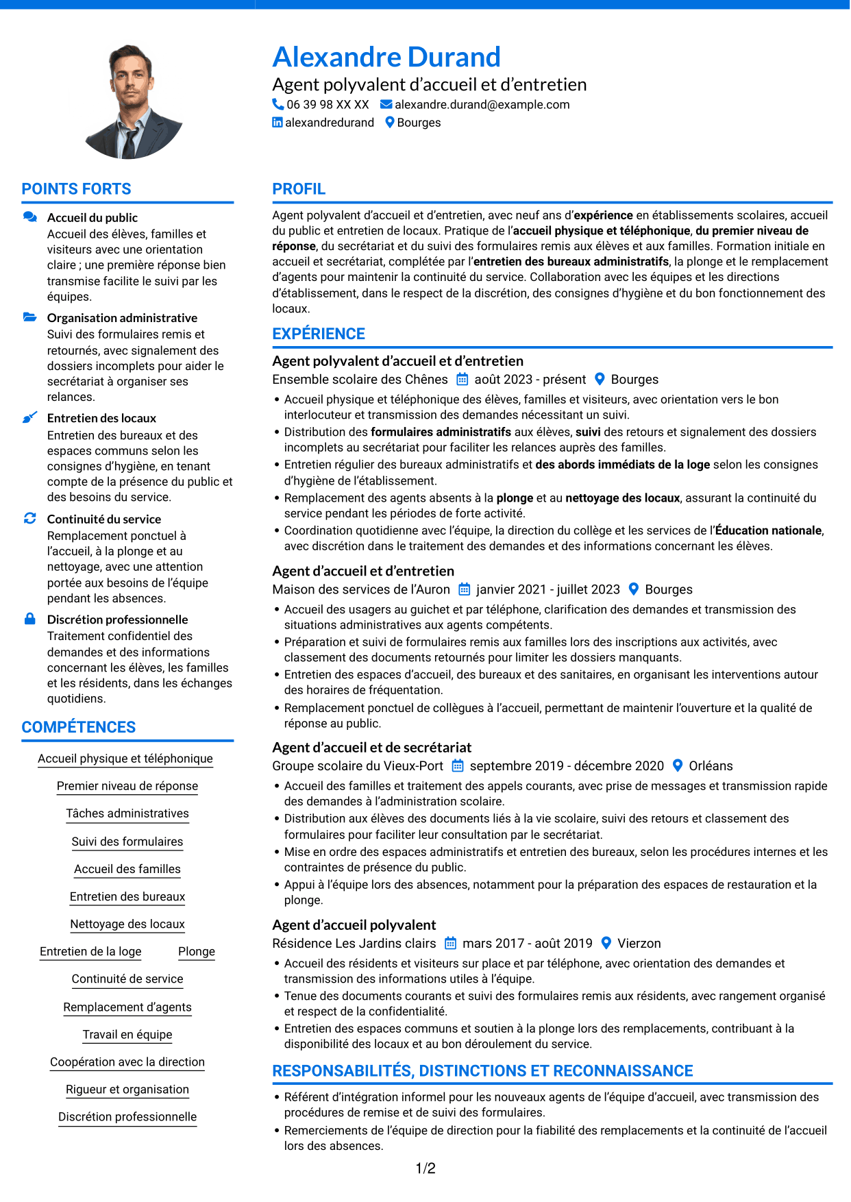 CV Audacieux (format à deux colonnes avec accents colorés et photo) : Agent polyvalent d’accueil et d’entretien - Accueil en collège, page 1