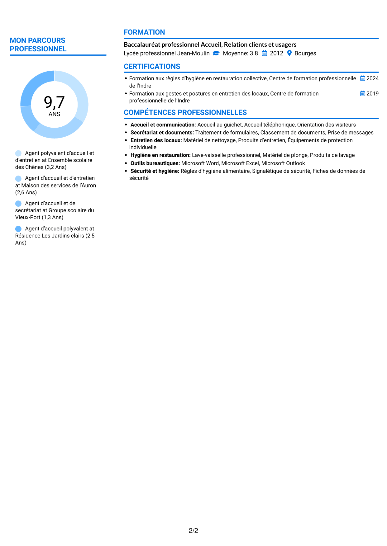 CV Audacieux (format à deux colonnes avec accents colorés et photo) : Agent polyvalent d’accueil et d’entretien - Accueil en collège, page 2
