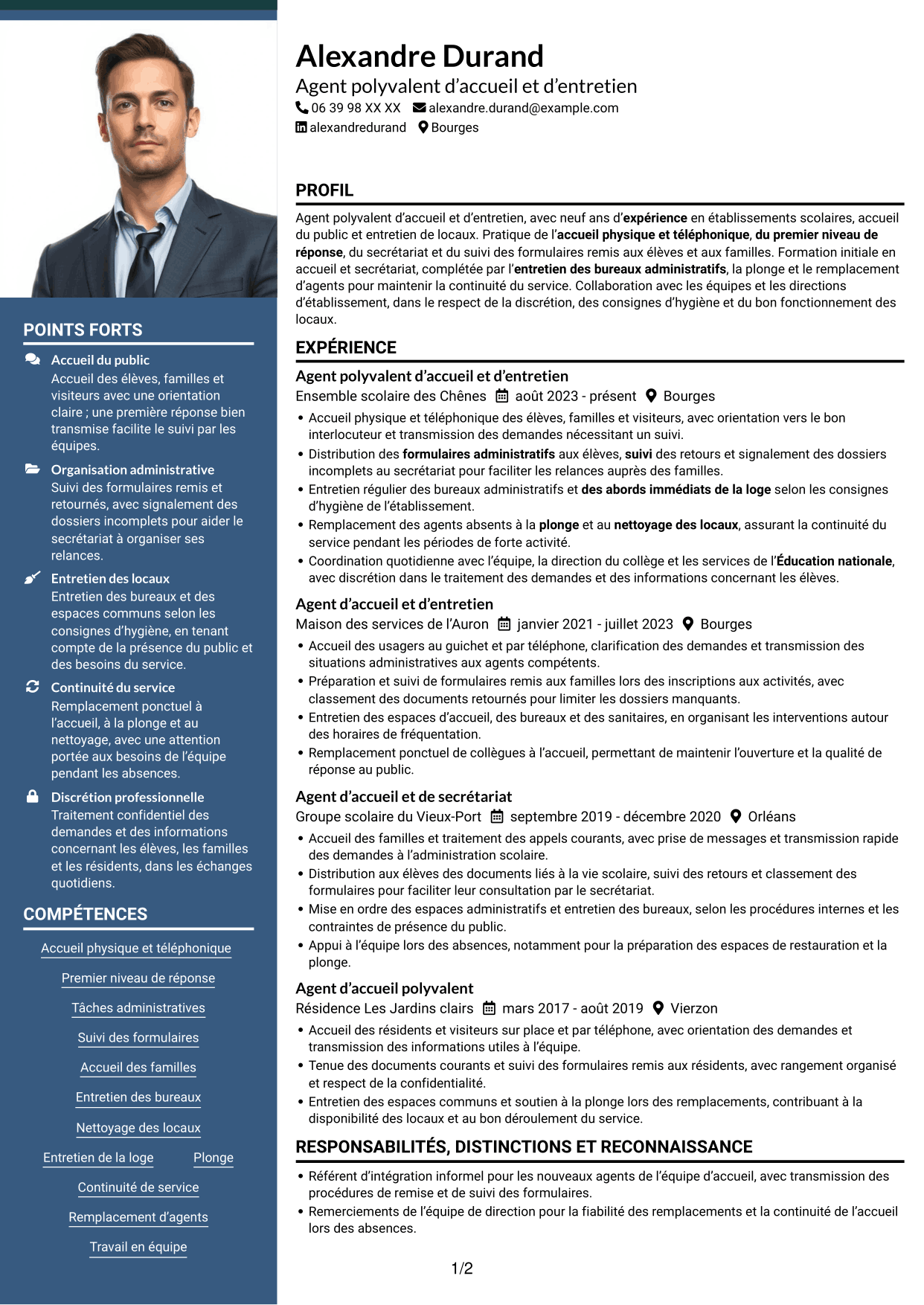 CV Signature (format à colonne latérale colorée avec grande photo) : Agent polyvalent d’accueil et d’entretien - Accueil en collège, page 1