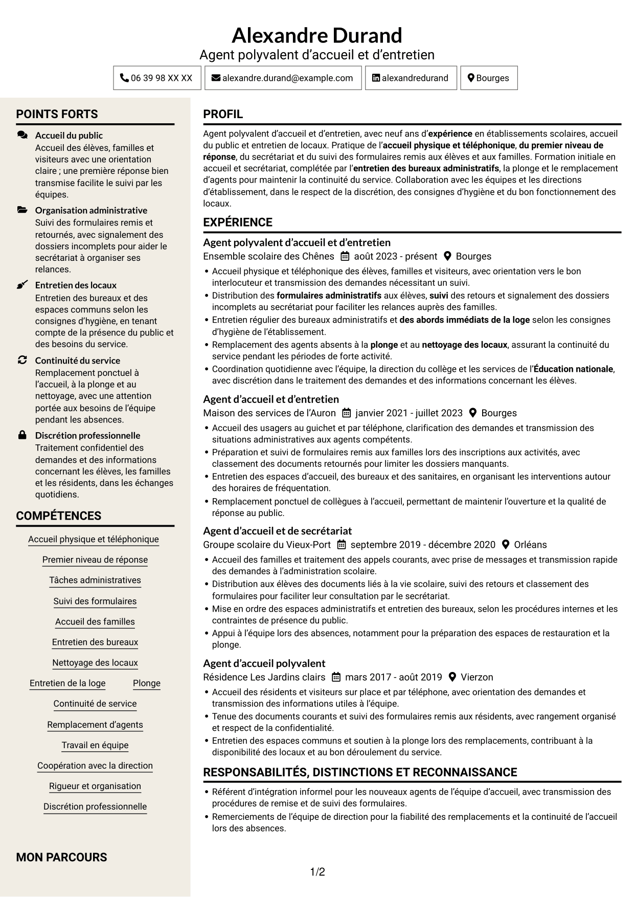 CV Fonceur (format à deux colonnes avec en-tête centré sans photo) : Agent polyvalent d’accueil et d’entretien - Accueil en collège, page 1