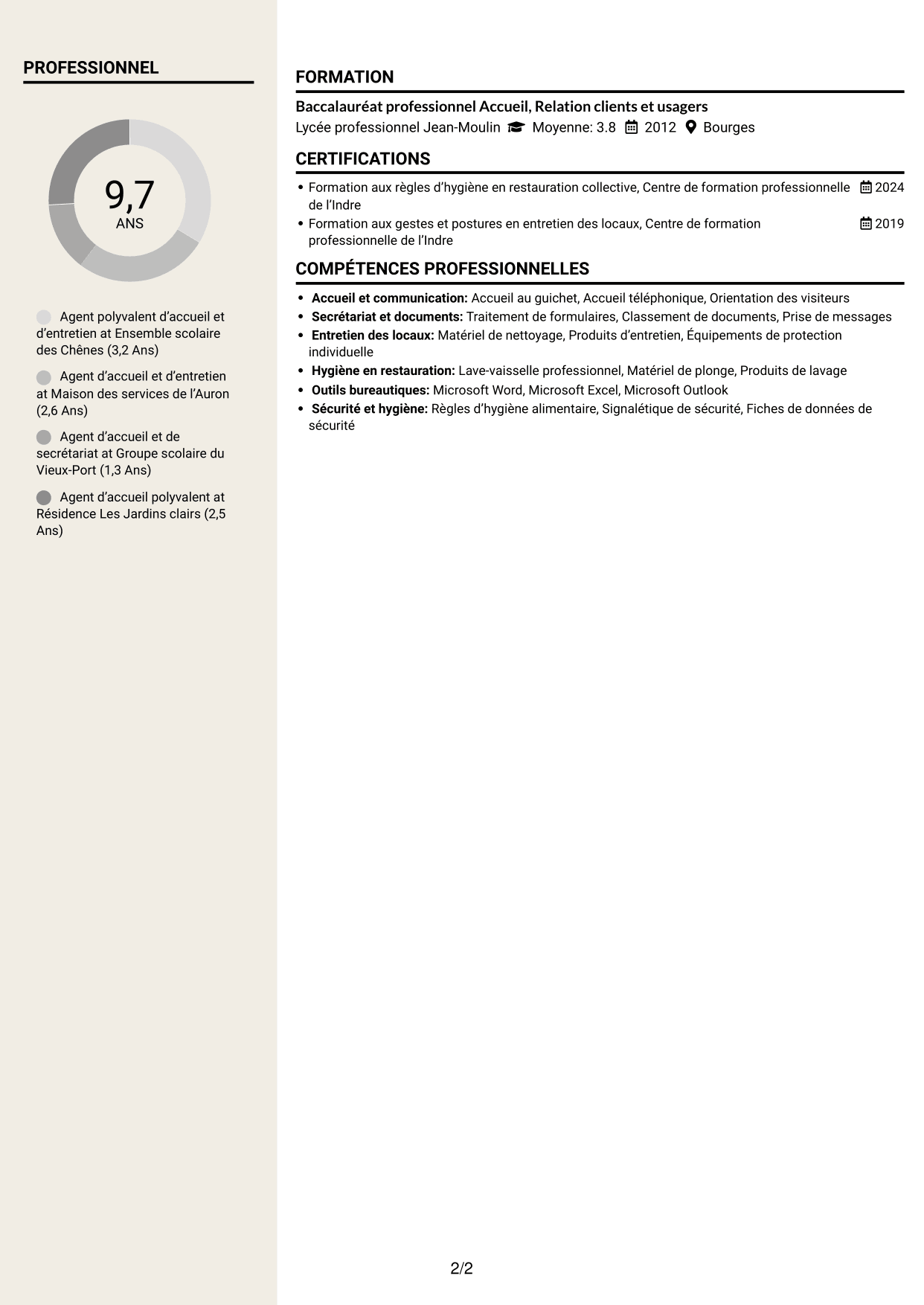 CV Fonceur (format à deux colonnes avec en-tête centré sans photo) : Agent polyvalent d’accueil et d’entretien - Accueil en collège, page 2