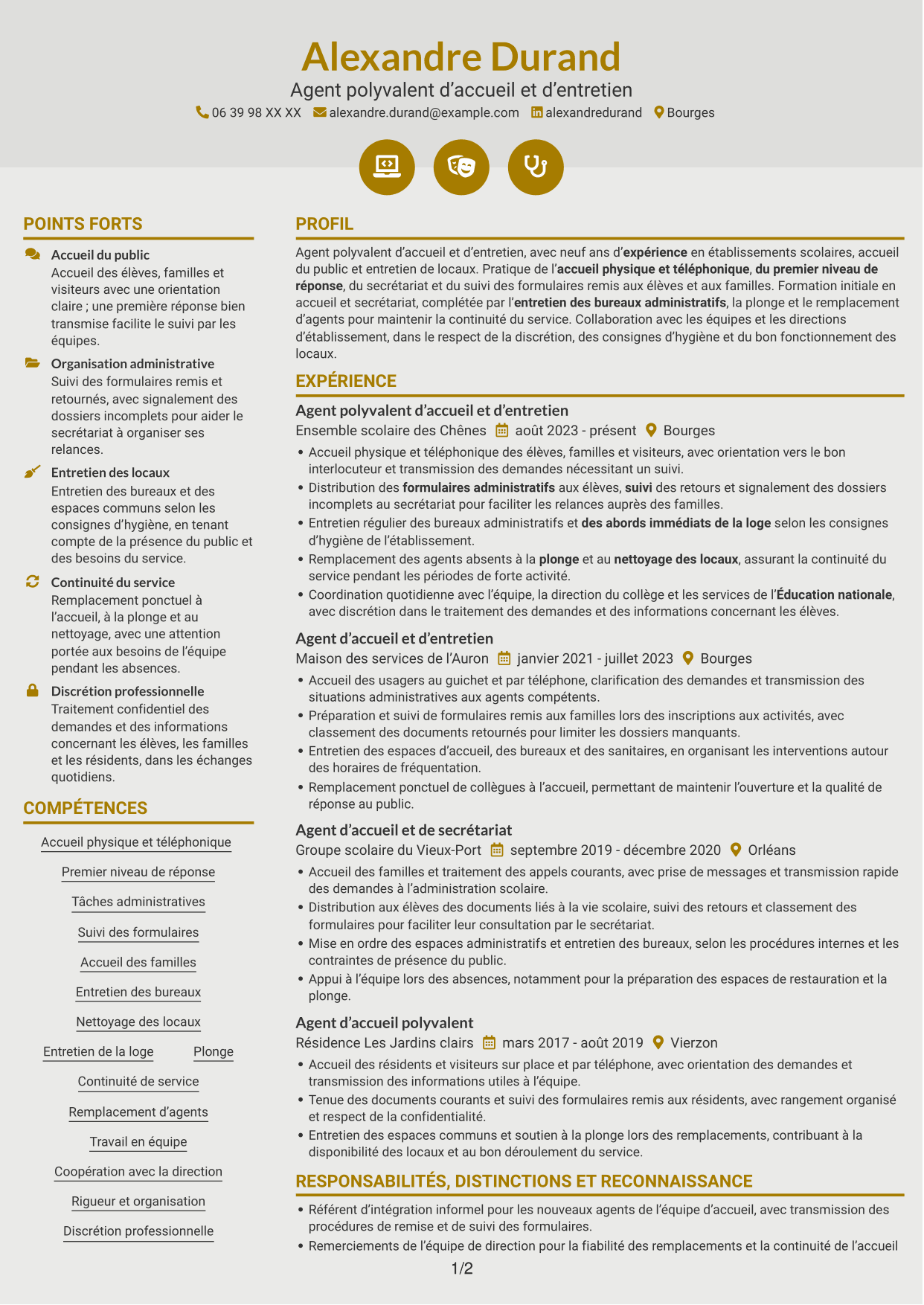 CV Dynamique (format à deux colonnes avec icônes) : Agent polyvalent d’accueil et d’entretien - Accueil en collège, page 1