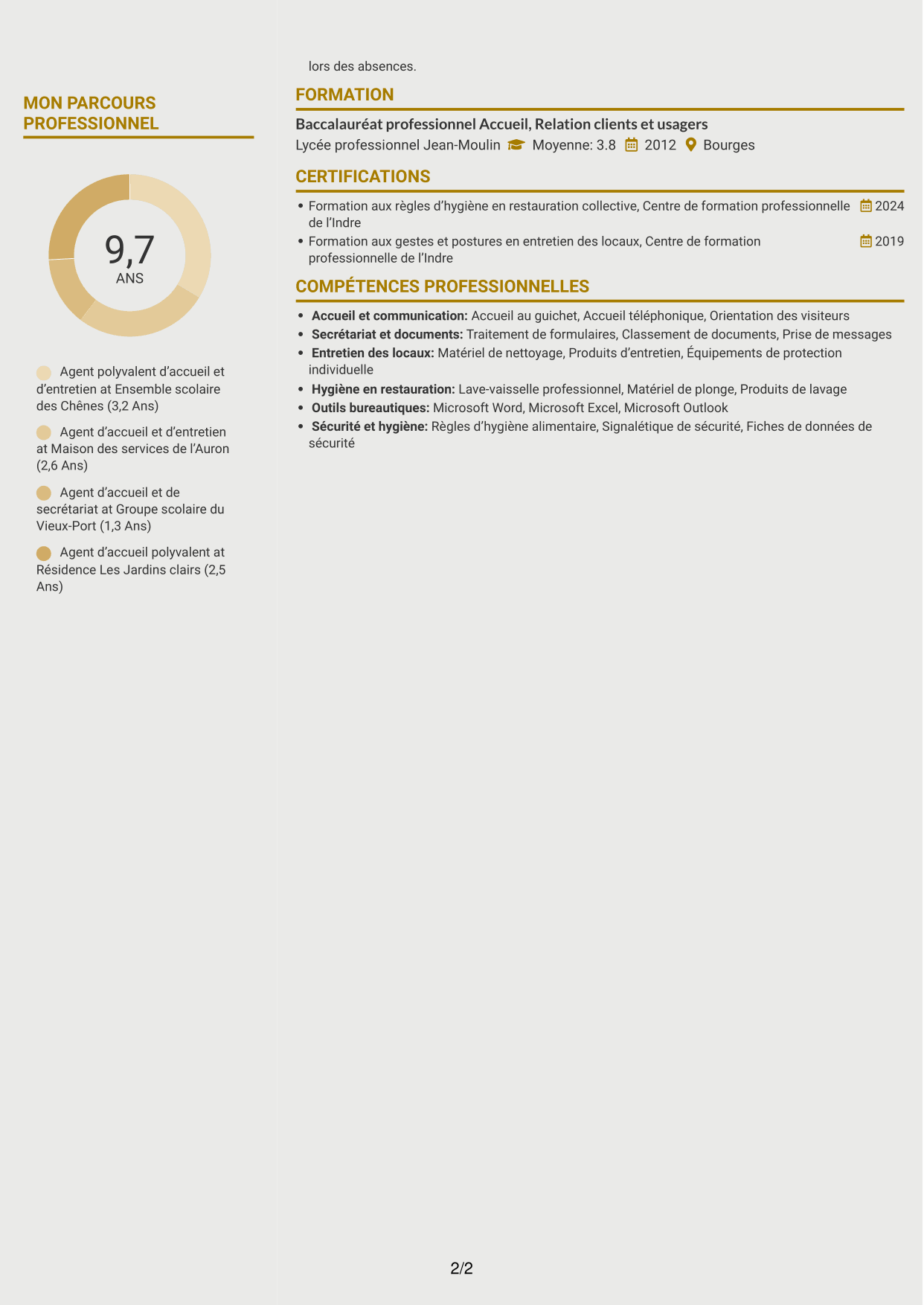 CV Dynamique (format à deux colonnes avec icônes) : Agent polyvalent d’accueil et d’entretien - Accueil en collège, page 2