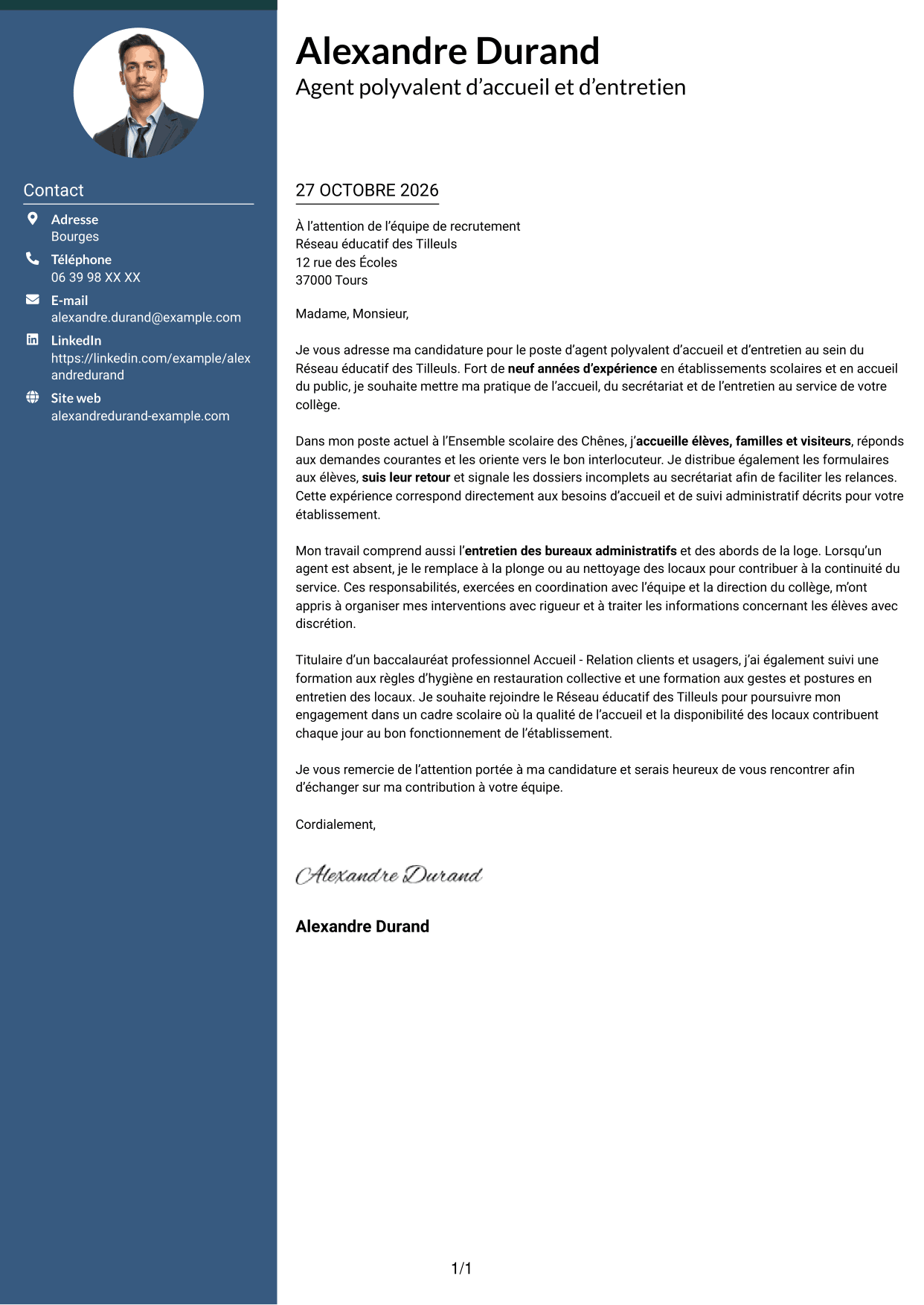 Lettre de motivation Élégant (format à colonne latérale colorée avec photo) : Agent polyvalent d’accueil et d’entretien - Accueil en collège, page 1