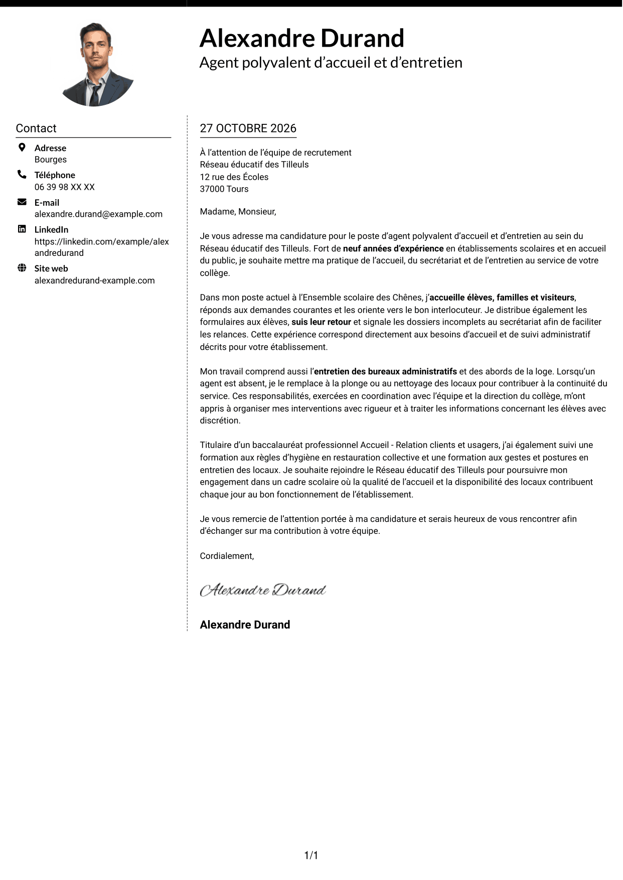 Lettre de motivation Moderne (format à deux colonnes avec photo à gauche et séparateur) : Agent polyvalent d’accueil et d’entretien - Accueil en collège, page 1