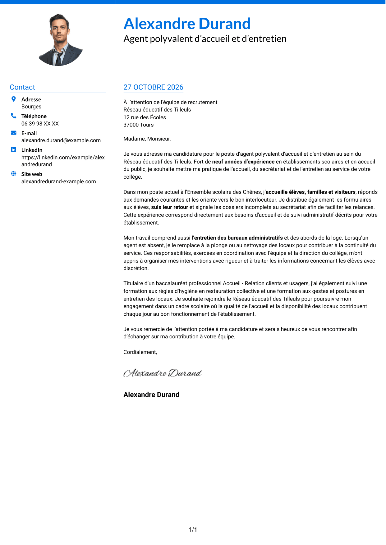 Lettre de motivation Audacieux (format à deux colonnes avec accents colorés et photo) : Agent polyvalent d’accueil et d’entretien - Accueil en collège, page 1