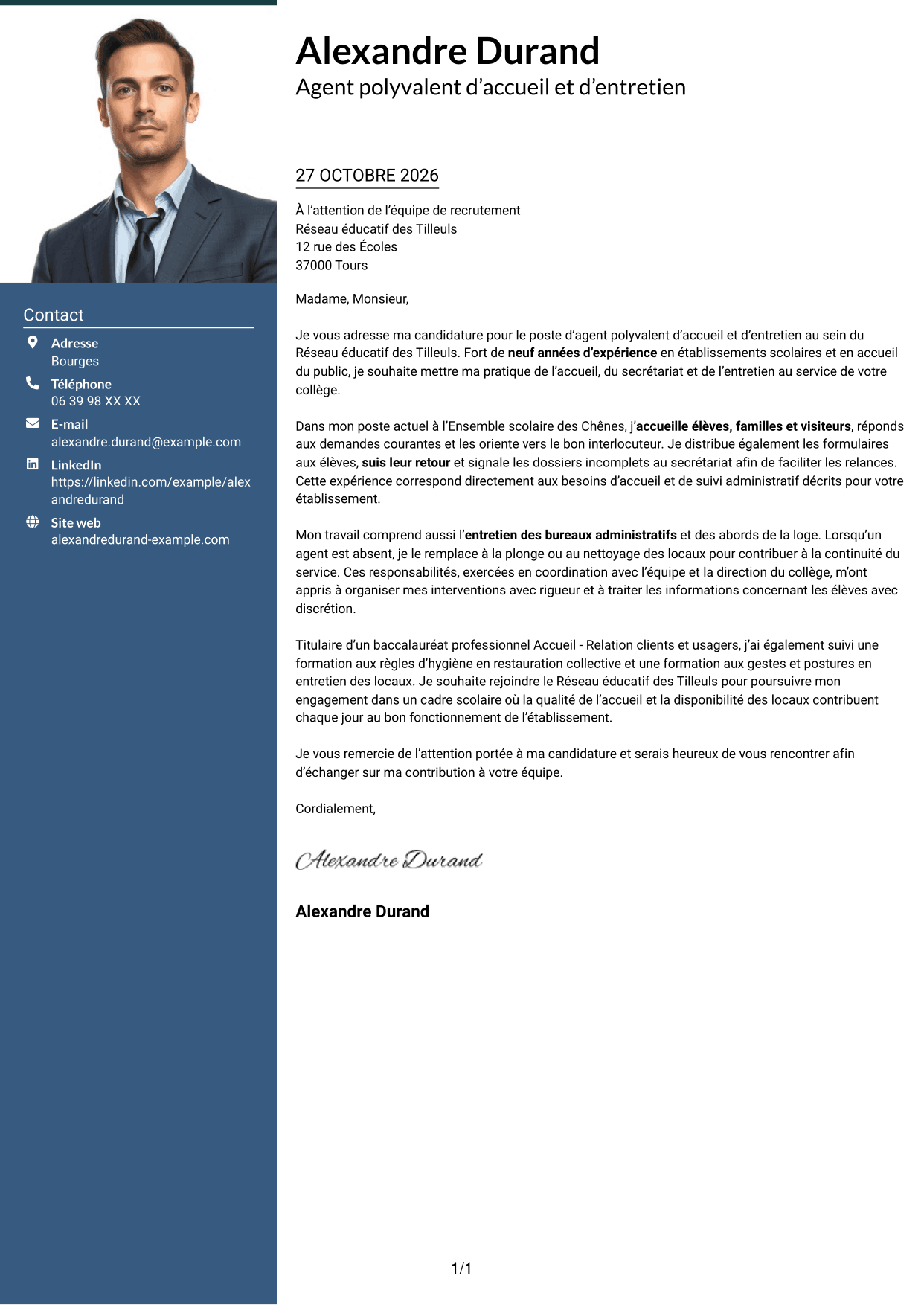 Lettre de motivation Signature (format à colonne latérale colorée avec grande photo) : Agent polyvalent d’accueil et d’entretien - Accueil en collège, page 1