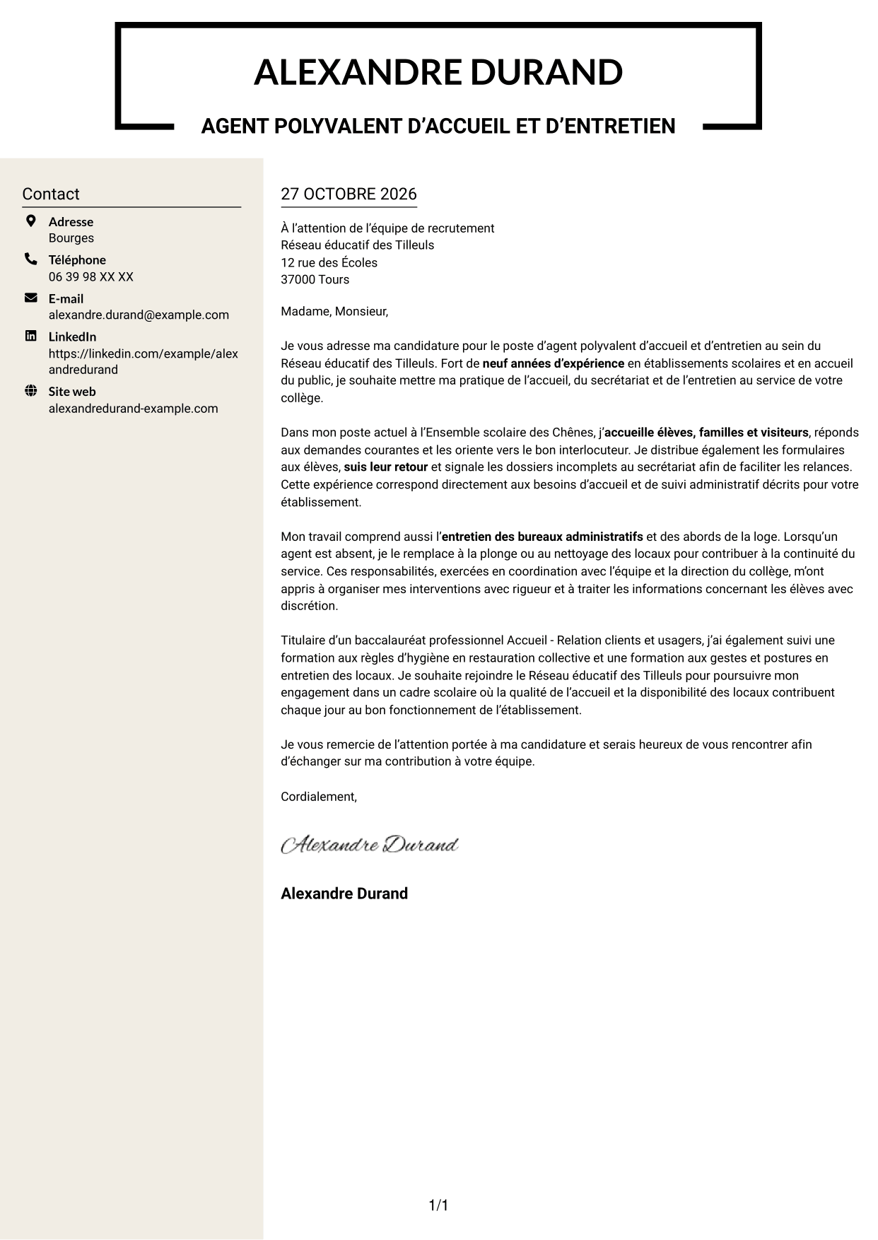 Lettre de motivation Fonceur (format à deux colonnes avec en-tête centré sans photo) : Agent polyvalent d’accueil et d’entretien - Accueil en collège, page 1