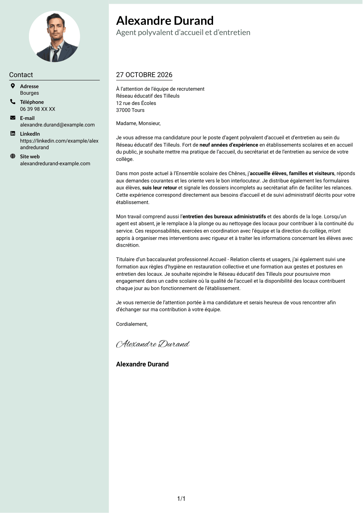 Lettre de motivation Cadre (format à colonne latérale douce avec photo arrondie) : Agent polyvalent d’accueil et d’entretien - Accueil en collège, page 1