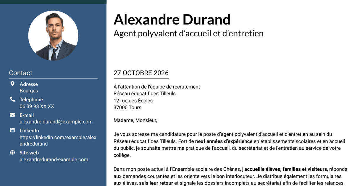 7 modèles de lettre de motivation pour Agent polyvalent d’accueil et d’entretien - Accueil en collège, avec exemples