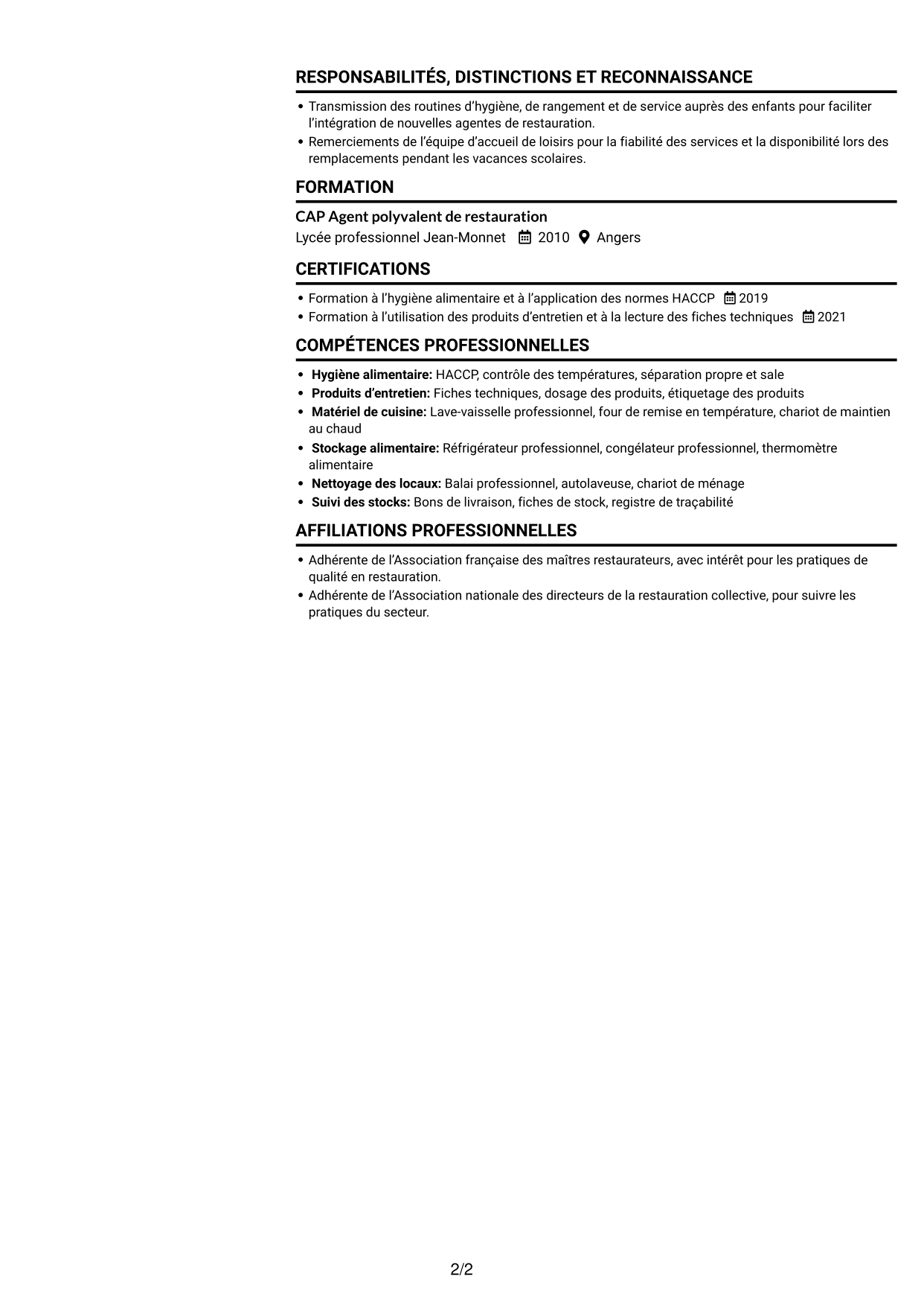 CV Compact (format sobre à deux colonnes avec photo) : Agent polyvalent de restauration collective, page 2