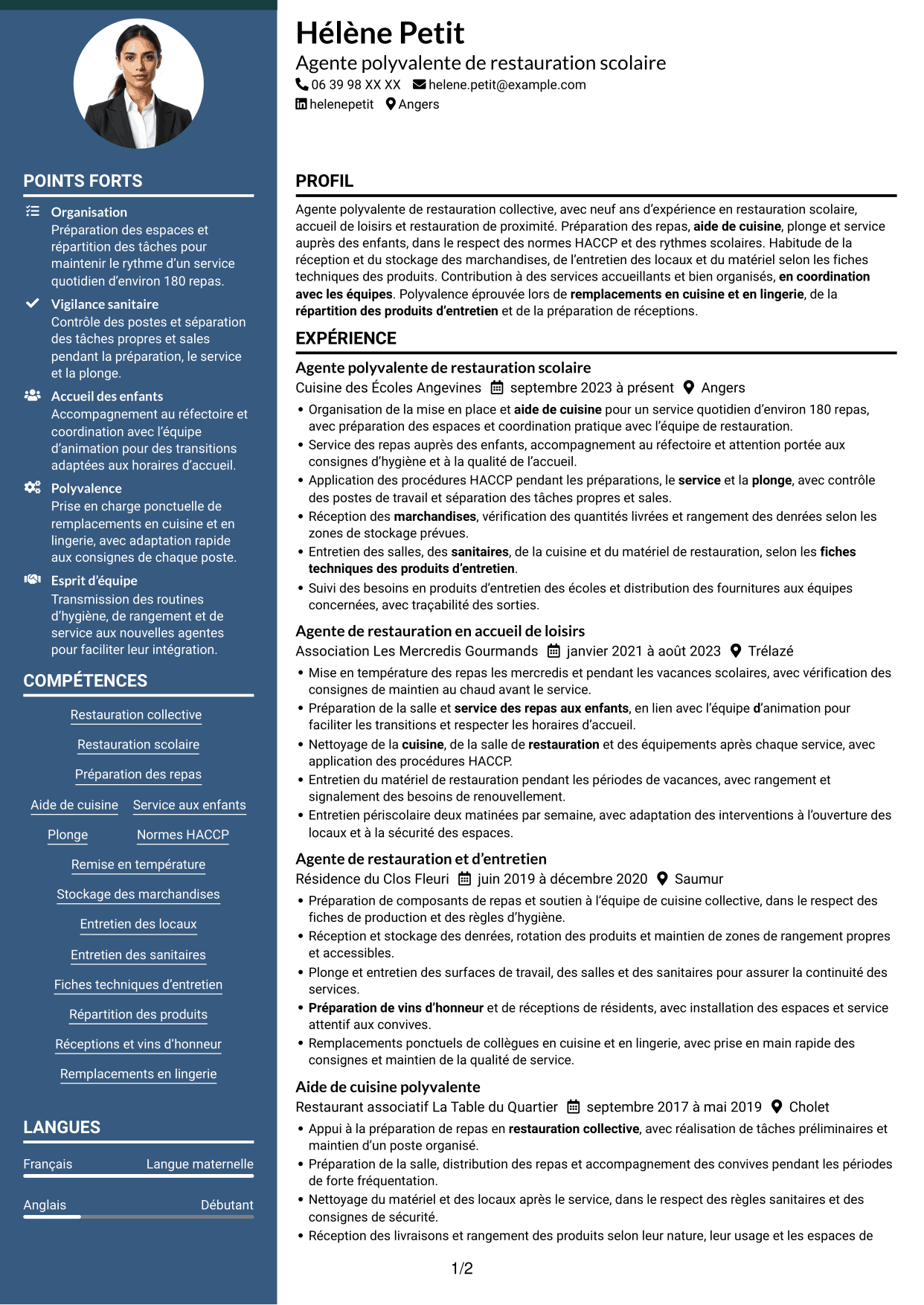 CV Élégant (format à colonne latérale colorée avec photo) : Agent polyvalent de restauration collective, page 1