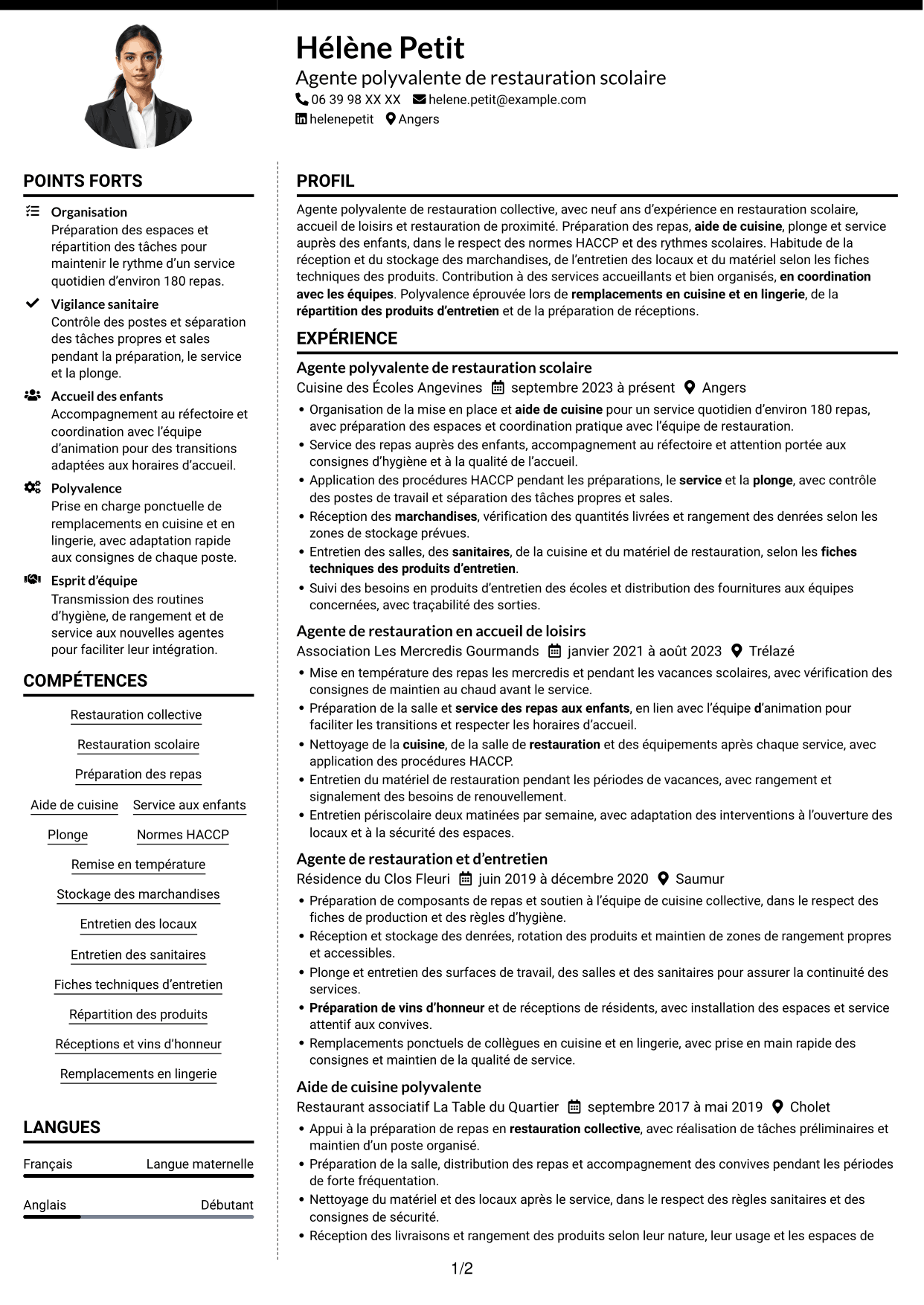 CV Moderne (format à deux colonnes avec photo à gauche et séparateur) : Agent polyvalent de restauration collective, page 1