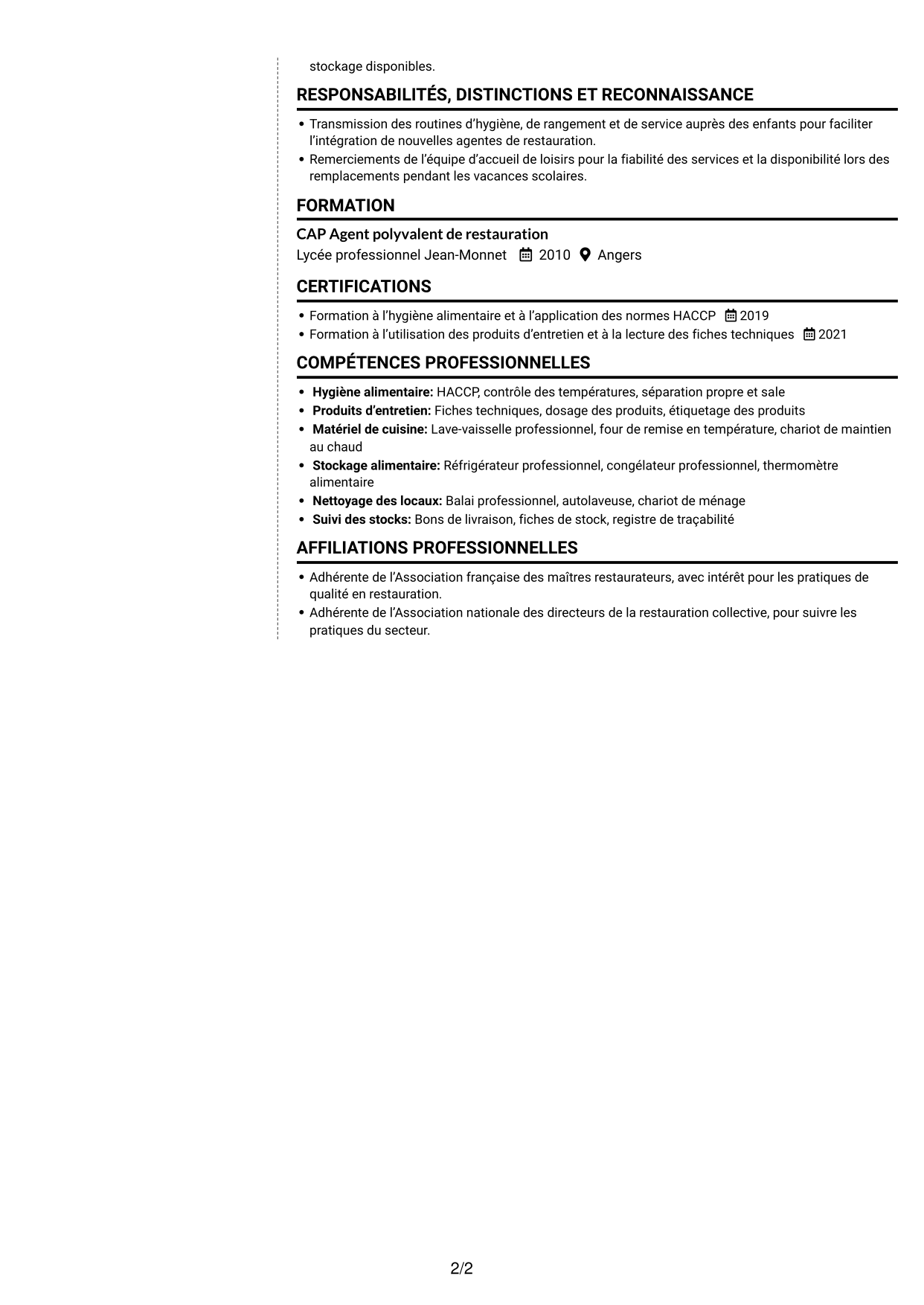 CV Moderne (format à deux colonnes avec photo à gauche et séparateur) : Agent polyvalent de restauration collective, page 2